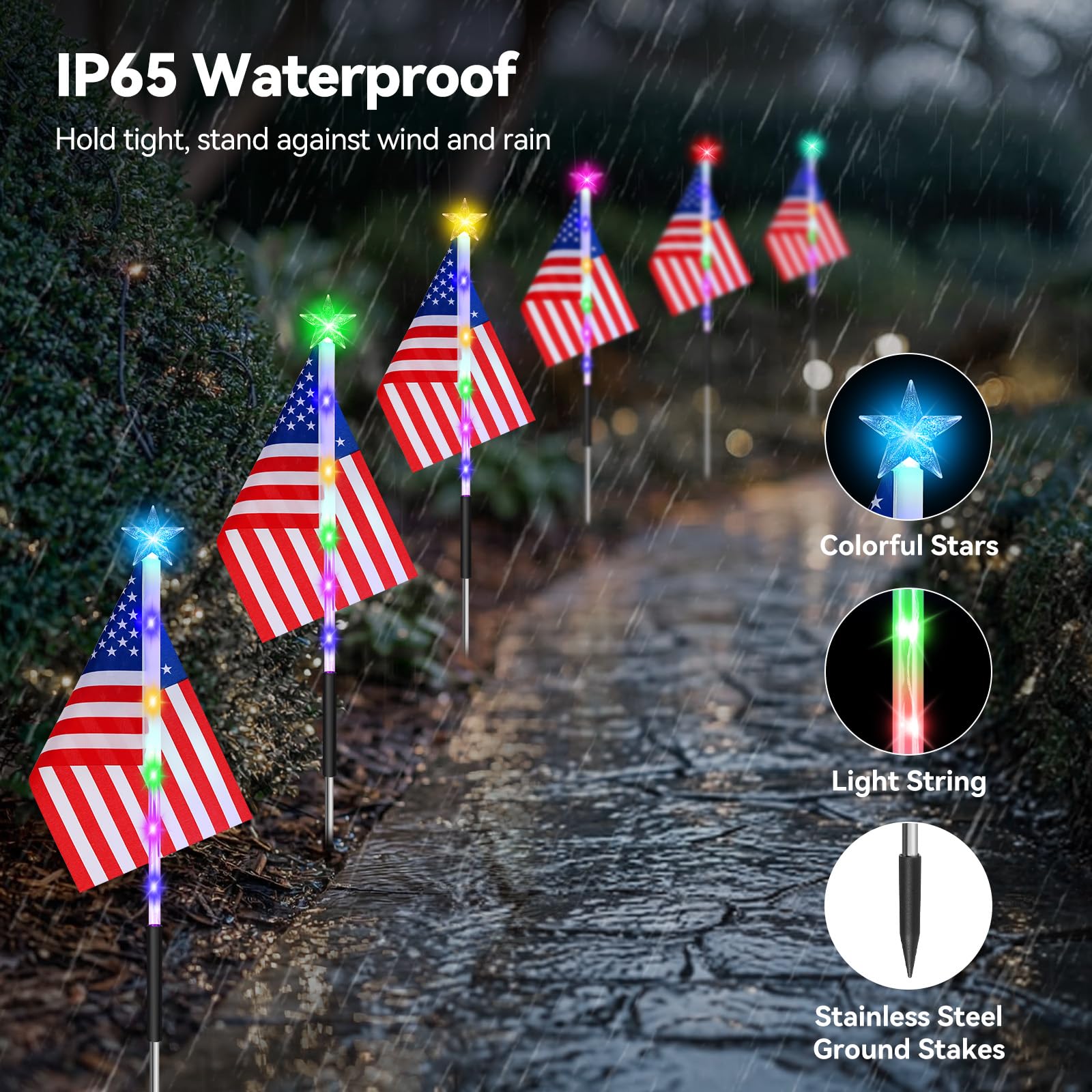 Vrbgify 4th of July Outdoor Solar Lights Set of Six Red White and Blue