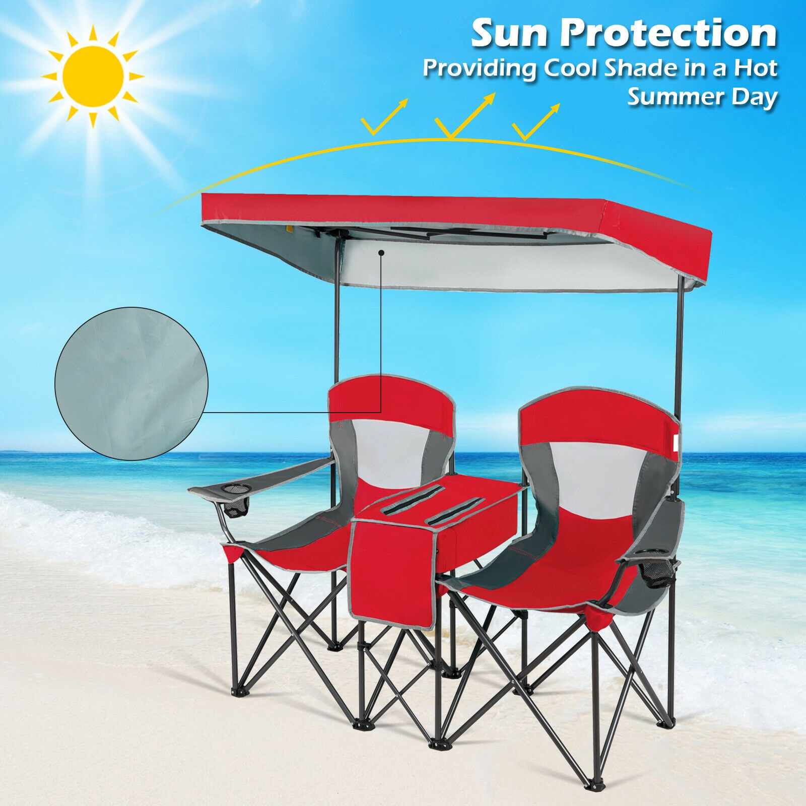 Red Double Folding Camping Chair with Canopy and Cooler