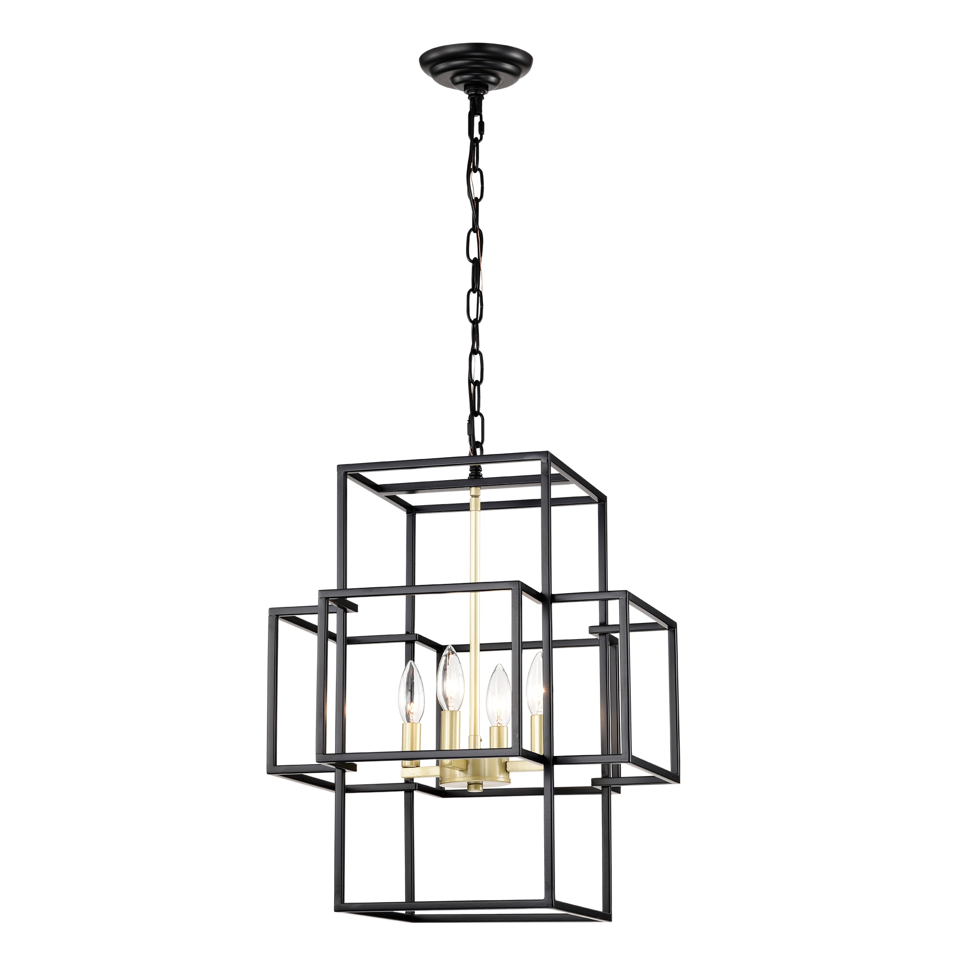 LOVMOR 4Light Metal Lantern Tiered Pendant Hanging Light Fixtures Adjustable Height Matte Black and Gold E12 Bulbs Not Included