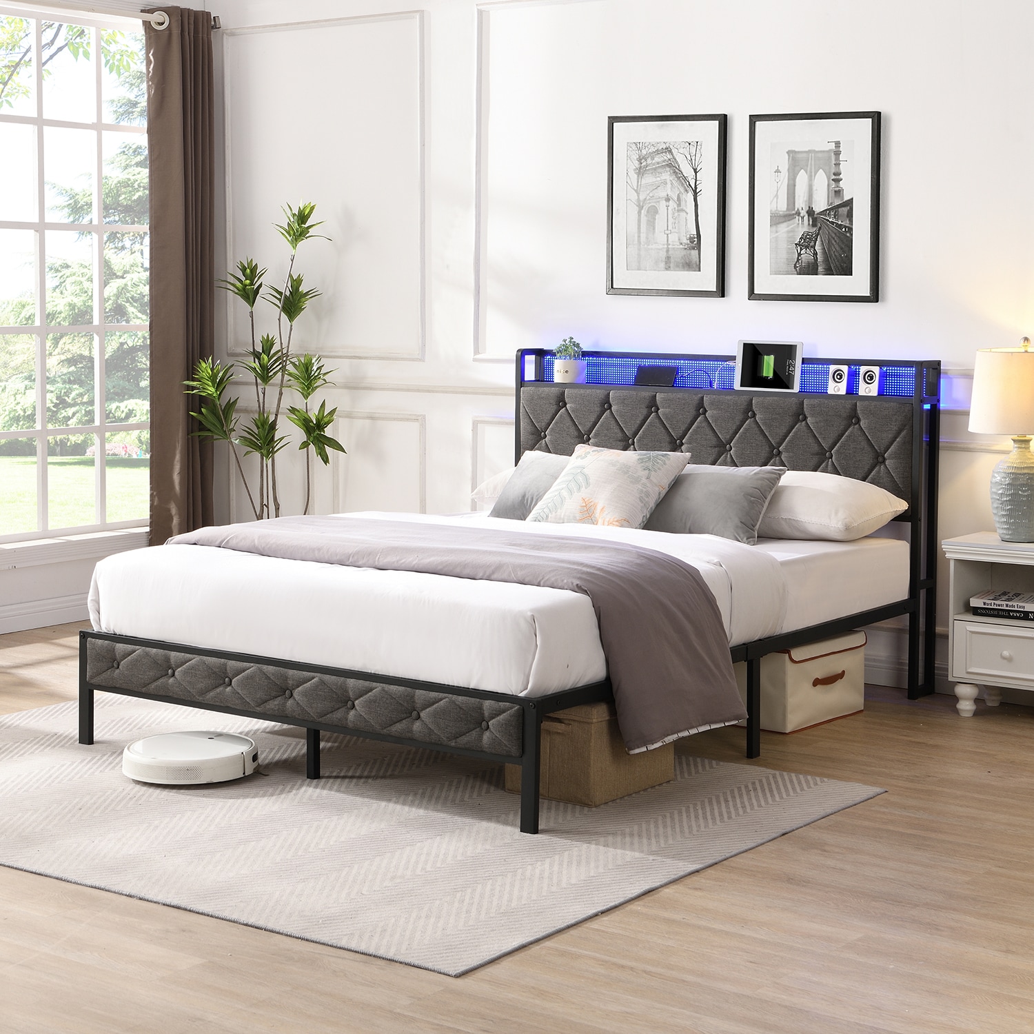 GZMR Full Bed Frame with Storage Headboard Gray Full Metal Bed Frame in ...