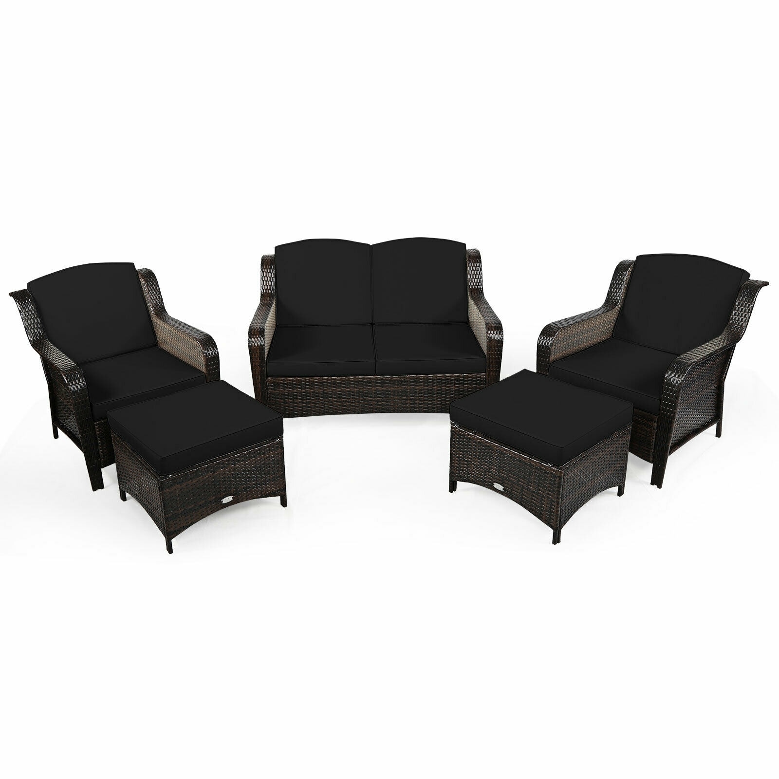 WELLFOR OUS67702ABK+ 5 -Piece Rattan Patio Conversation Set with Black Cushions