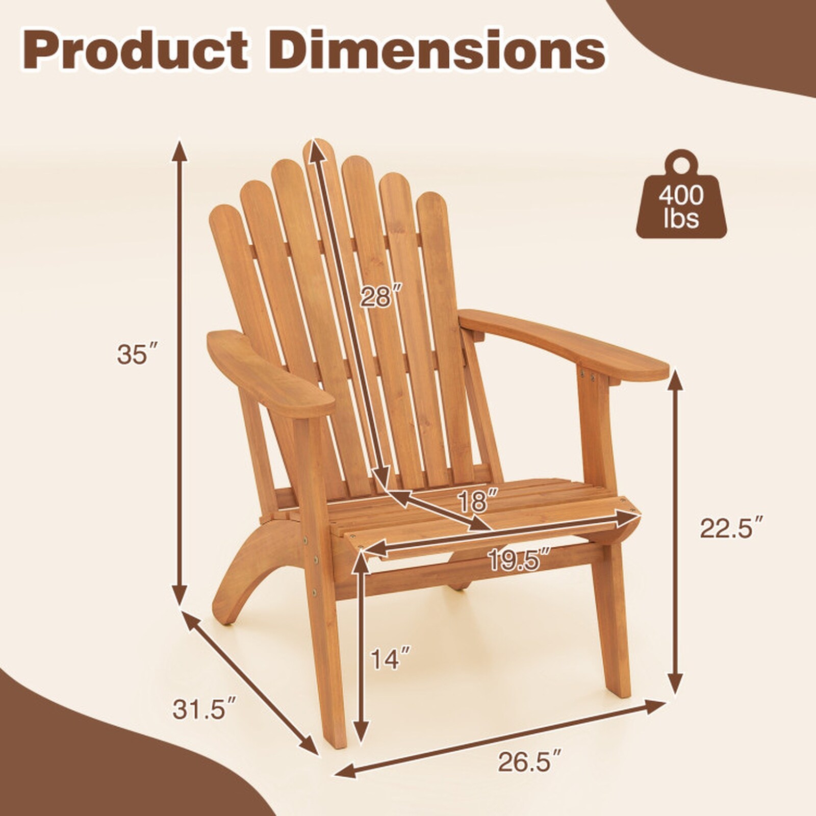 SUGIFT Acacia Wood Adirondack Chair 35-in with Contoured Seat Wide ...