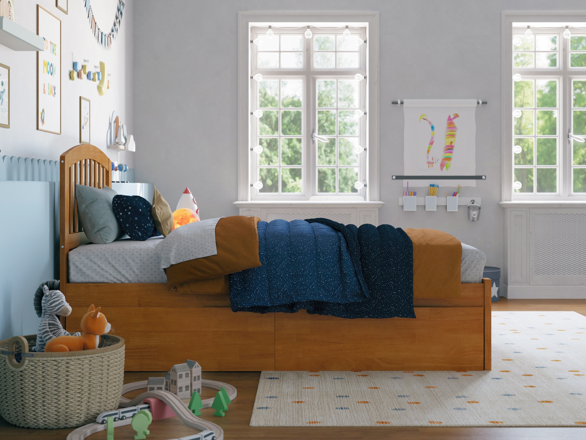 Light Toffee Twin Wood Platform Bed with Storage Drawers