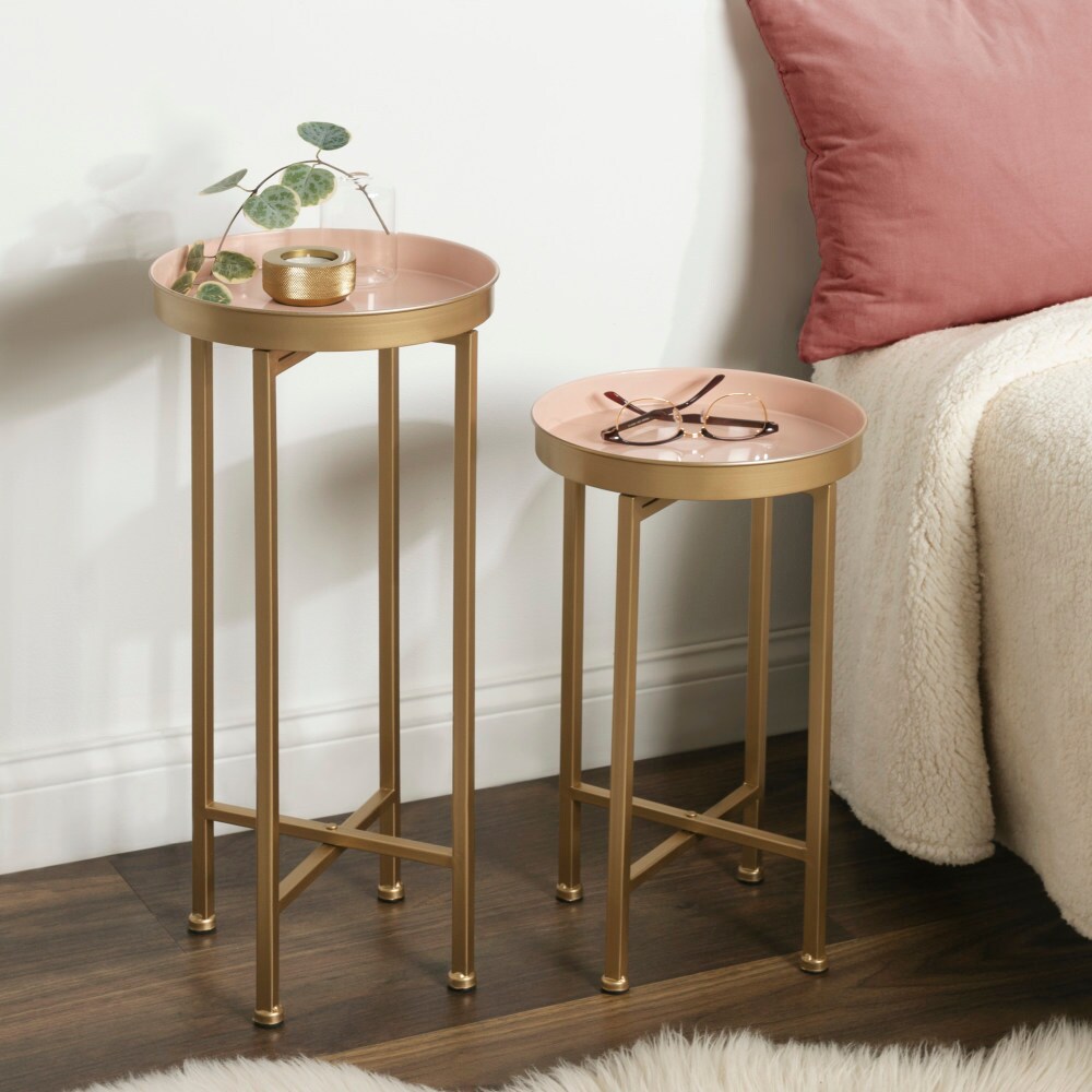 Celia Pink and Gold Round Metal Foldable Tray Table Set