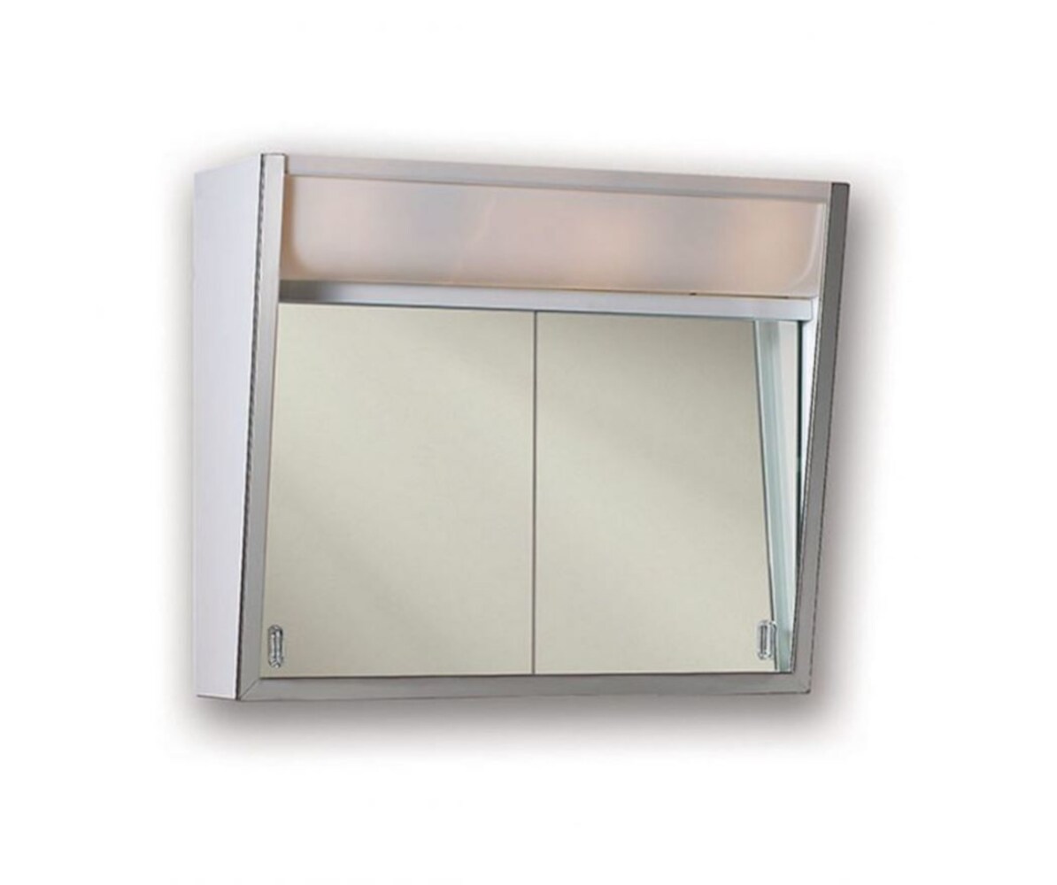 Rangaire 660524 Flair 28-in x 19.5-in Lighted Incandescent Surface Mount Stainless Mirrored Rectangle Medicine Cabinet with Outlet