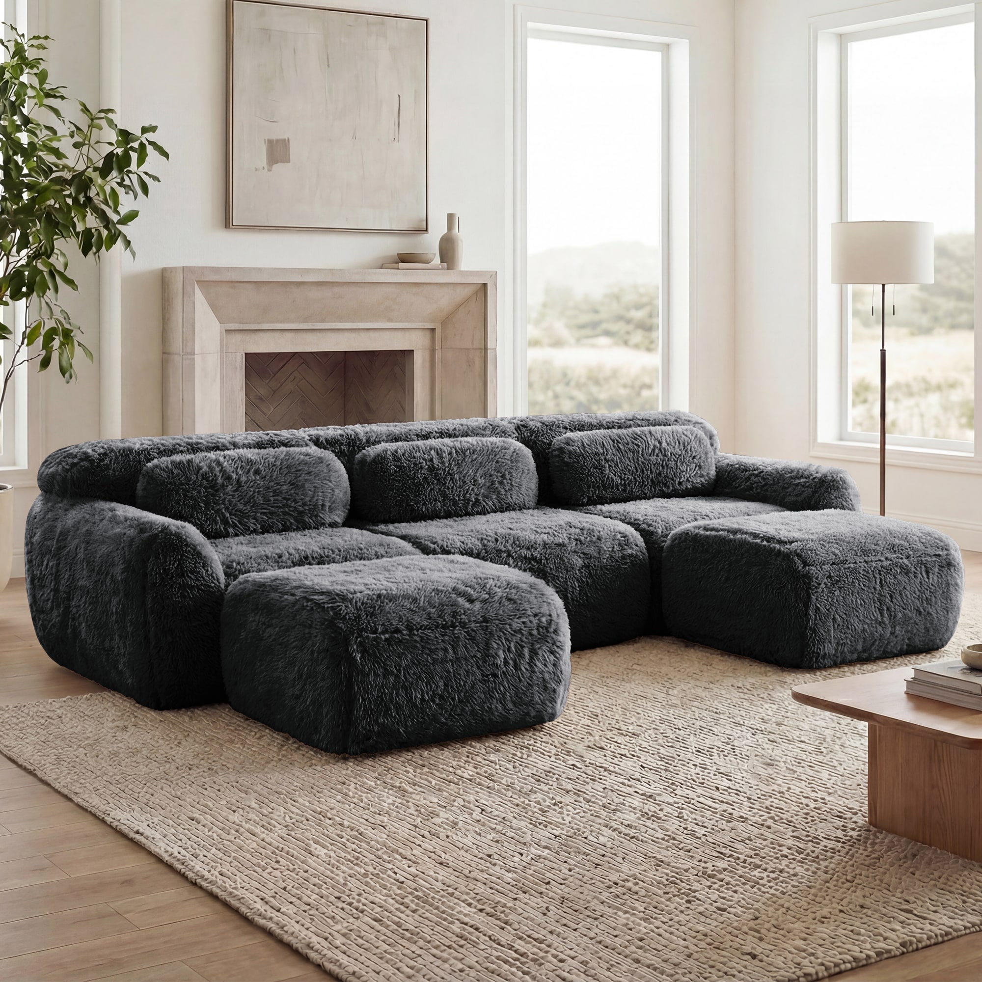 Homy Casa - PUFF 114-in W Dark Grey Modular Plush U-Shaped Sectional Sofa with 2 Ottomans Cloud-L...