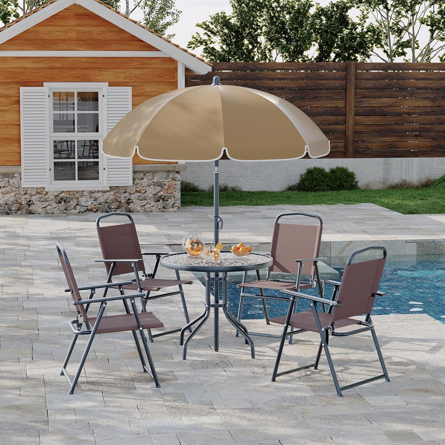 Garvee - 6Pcs Outdoor Dining Set With Umbrella Patio Table and 4 Folding Chairs With Umbrella Gar...