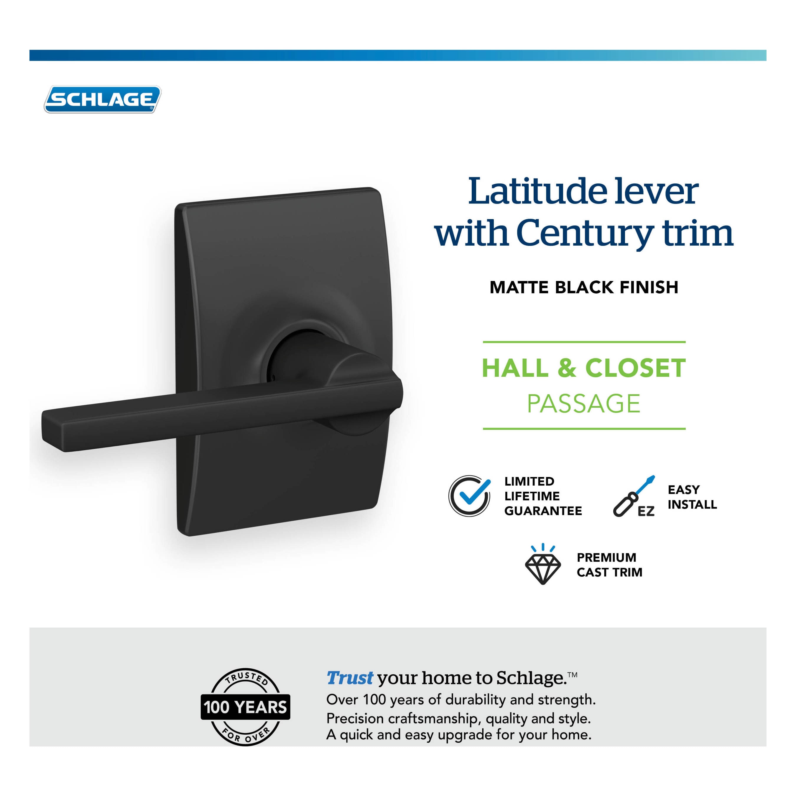Matte Black Latitude Passage Door Lever with Century Trim