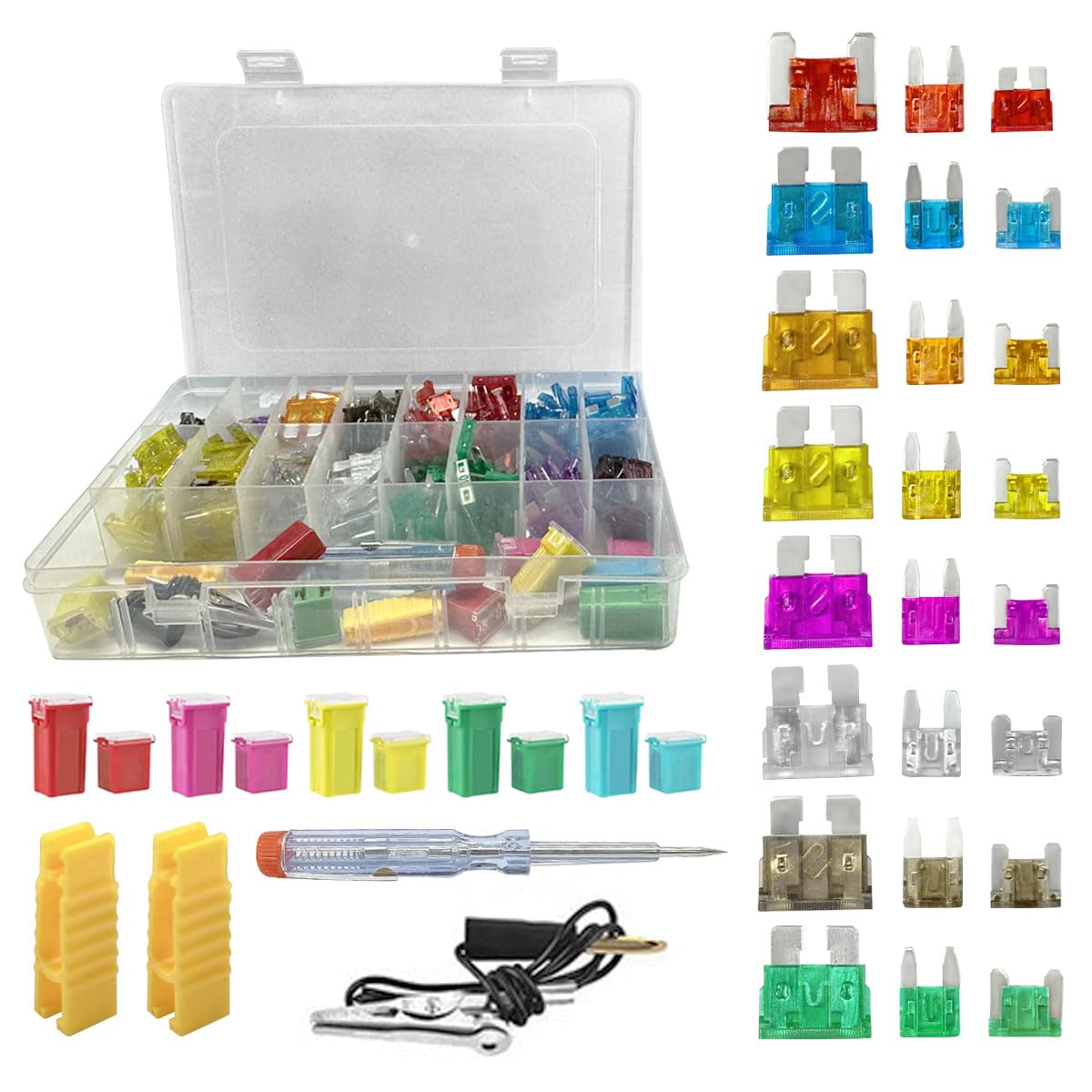 Ahfiwaso  304 Piece Car Fuse Assortment Kit Standard Mini Low Profile Blade Fuses with Tester and Puller for Truck Car Boat Electrical Systems