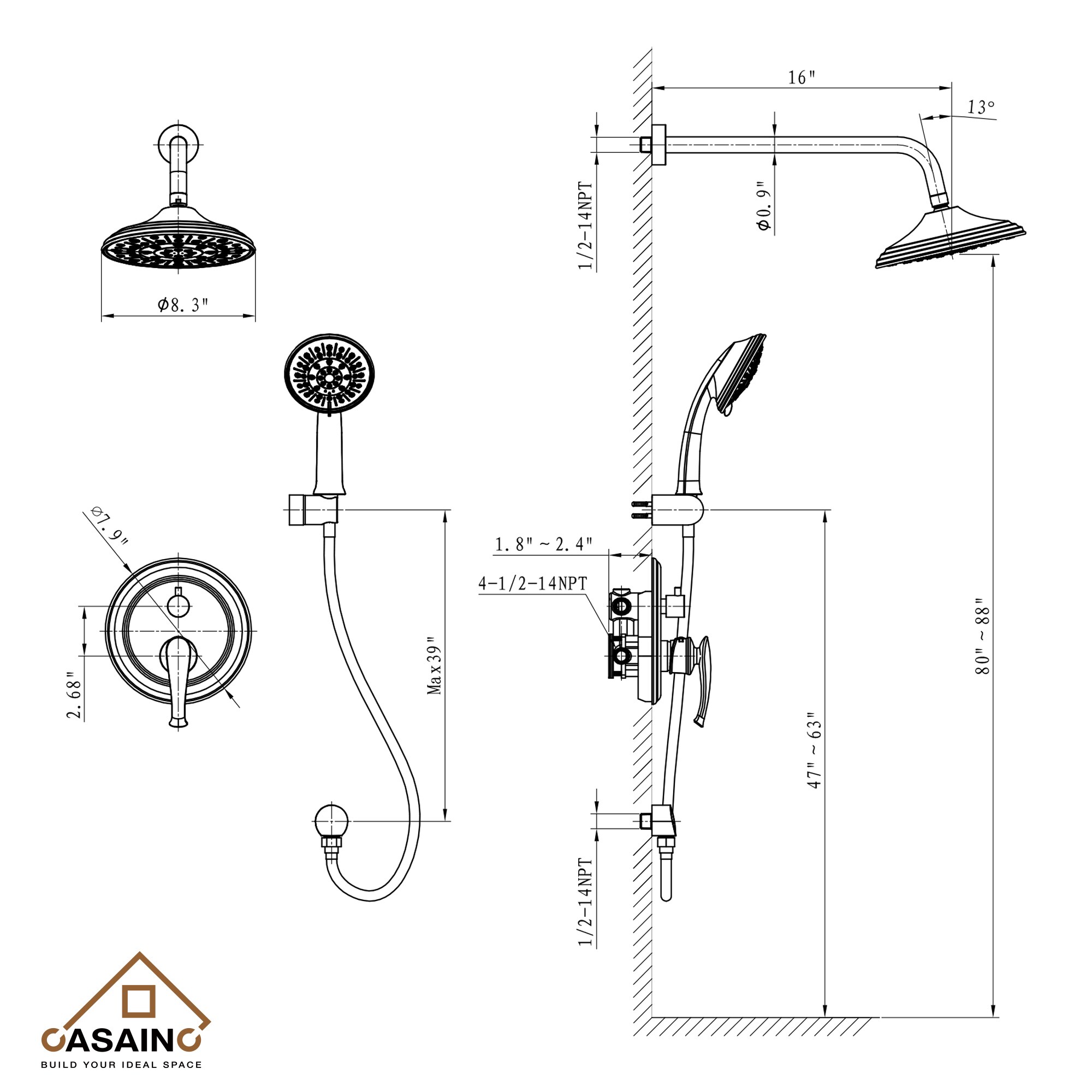 CASAINC HM-B207-SQ-BN Tub-Shower-Faucets - View #6
