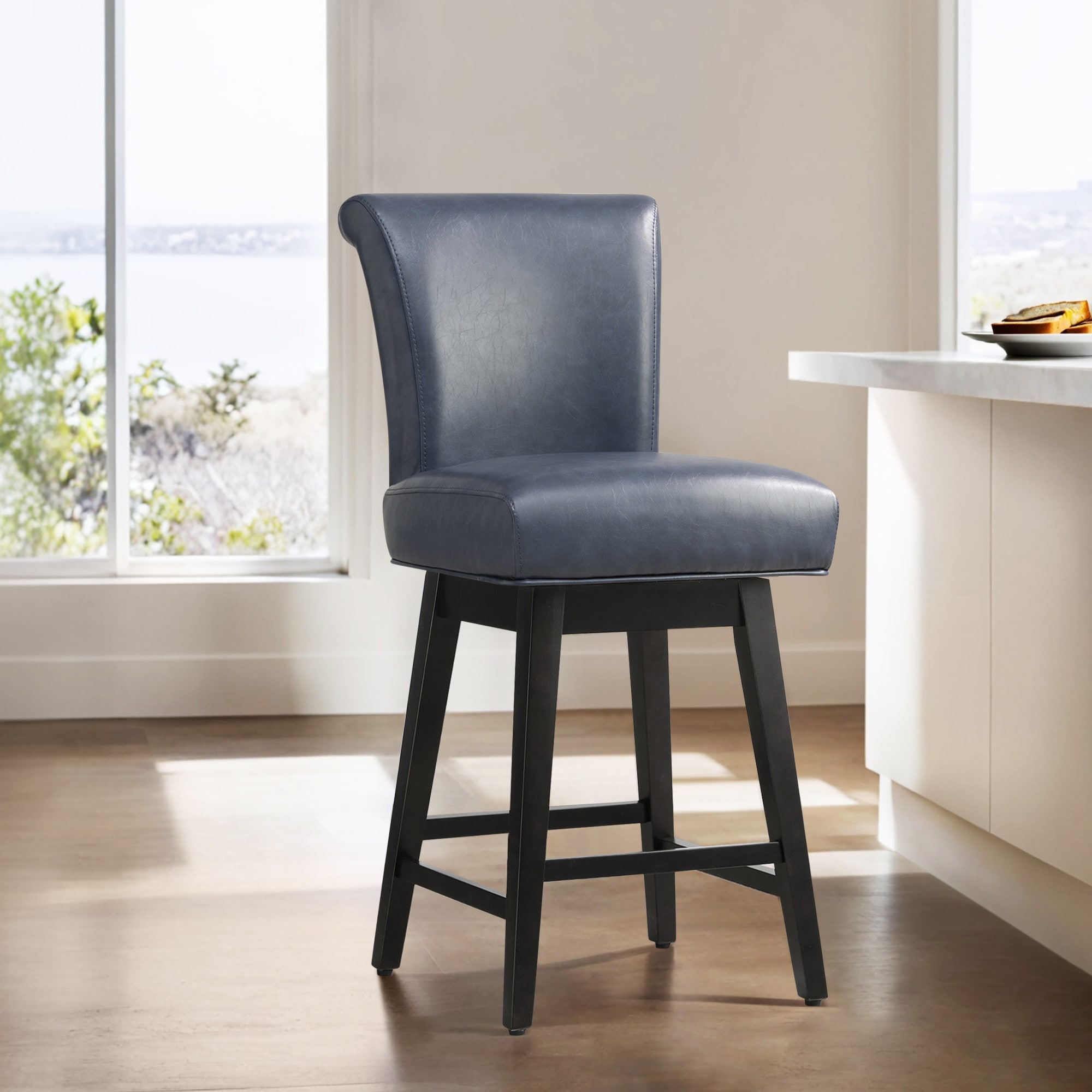 Circle 55 1-LWSY606F-PU6033 Navy Blue 26-in H Counter height Upholstered Swivel Wood Bar Stool