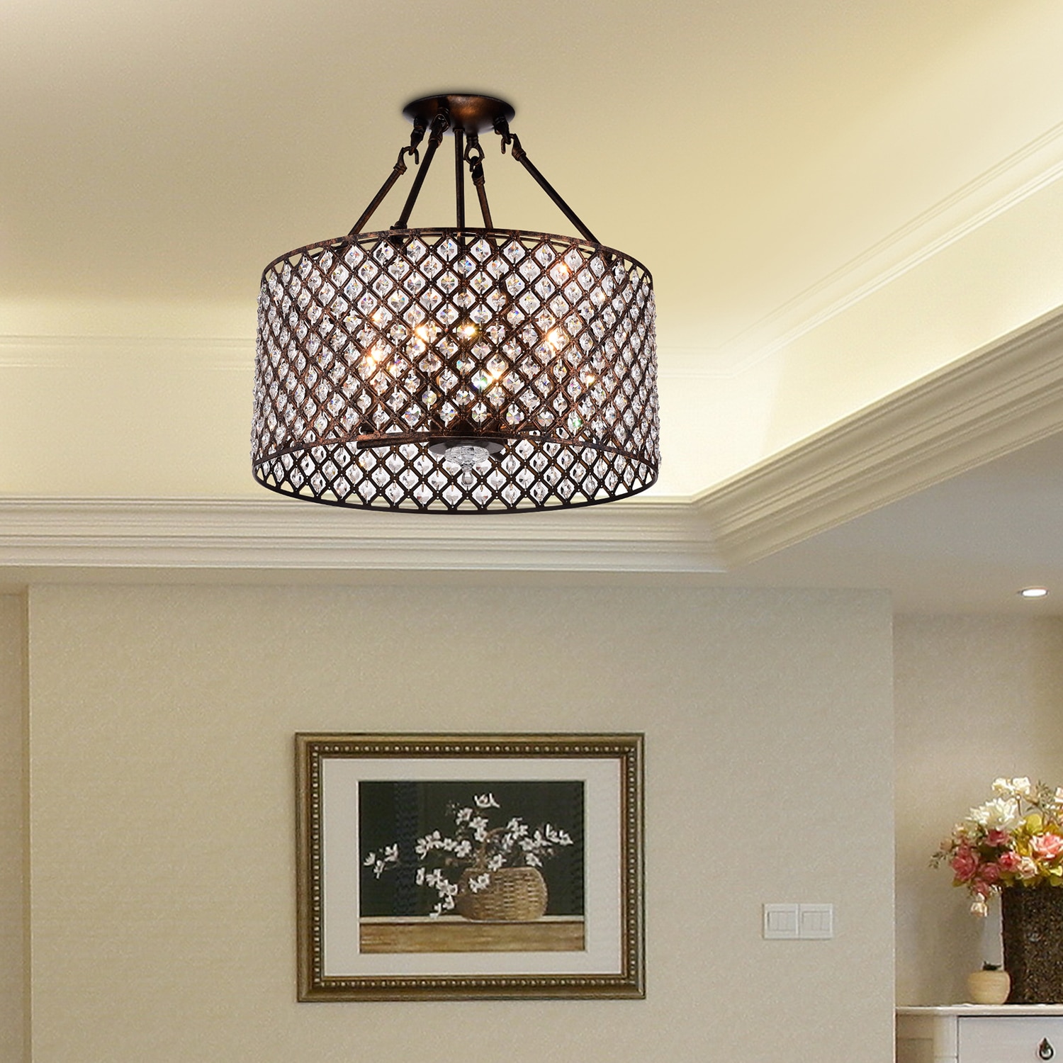 Antique Copper Crystal Drum 17" Semi-Flush Mount Ceiling Light