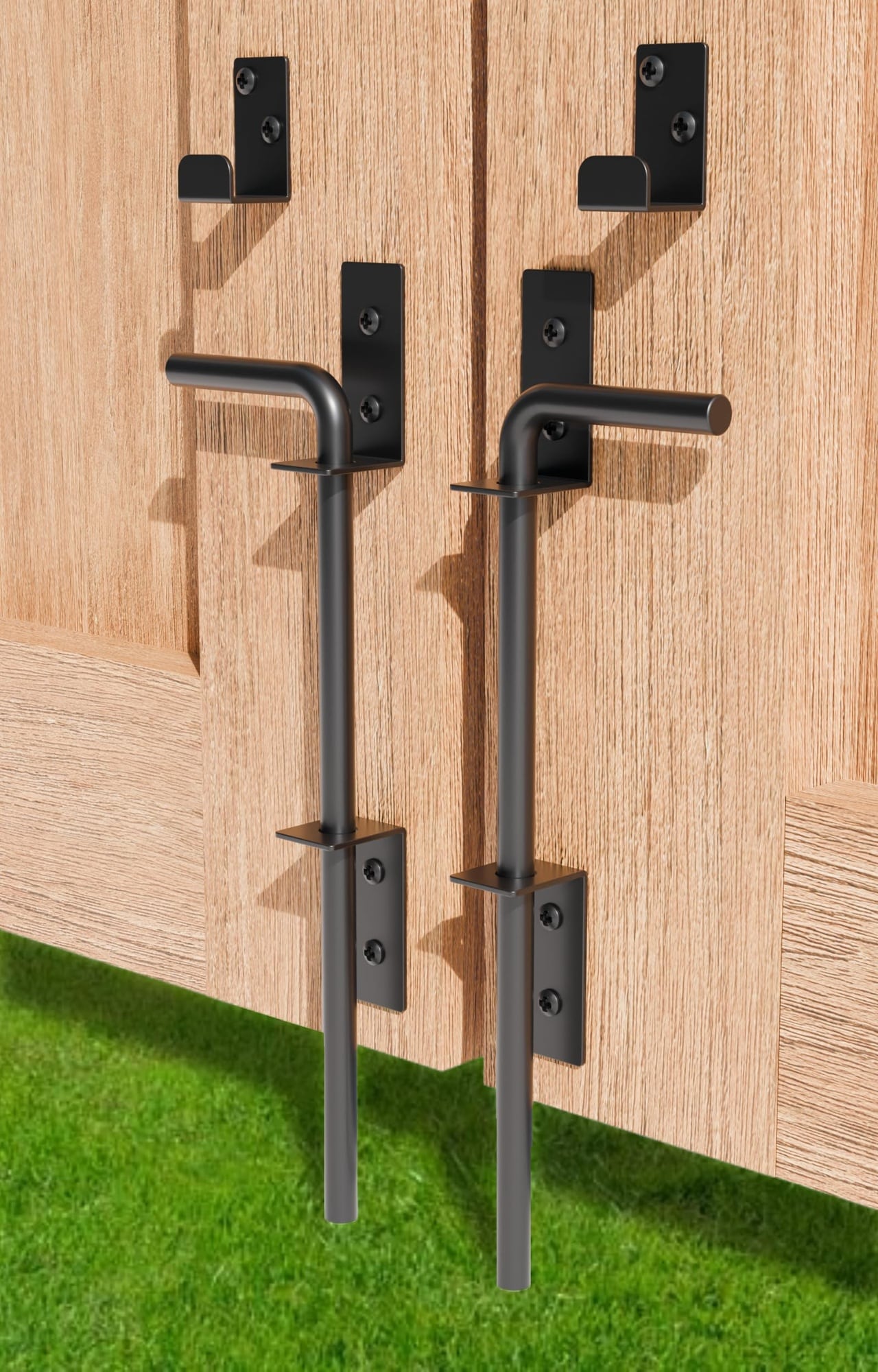 Phewnyzo  12 Inch Heavy Duty Cane Bolt Gate Drop Rod Extra Thick Hardware Ground Latch for Wood PVC Vinyl Metal Fences Gates Double Doors Black