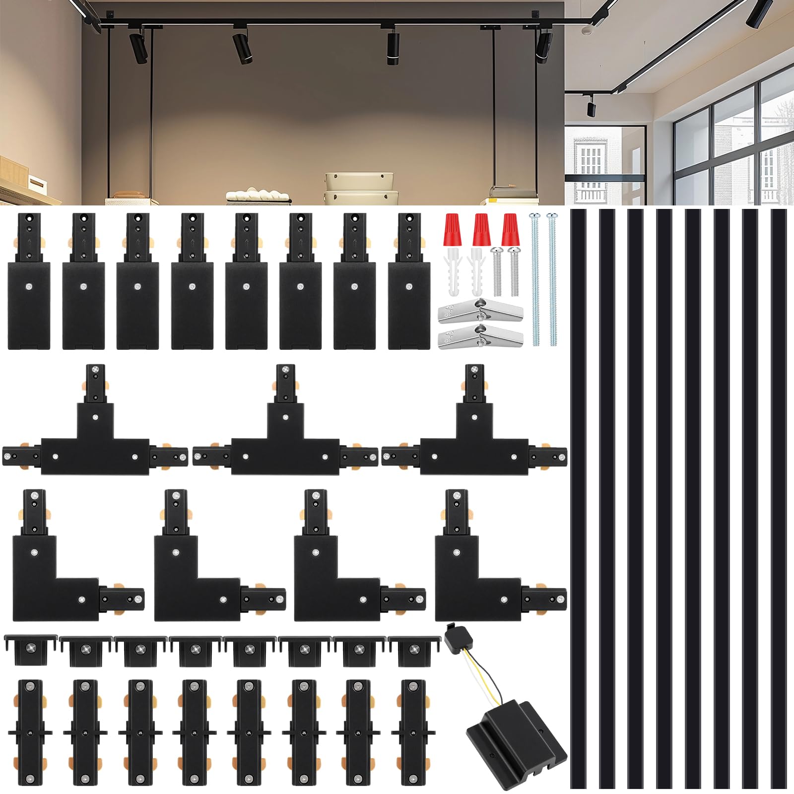 Vrbgify  H Track Lighting Rails Kit 26 ft Black 3 Wire Floating Canopy Connector I and L Connector with End Caps and Live End Feed for Single