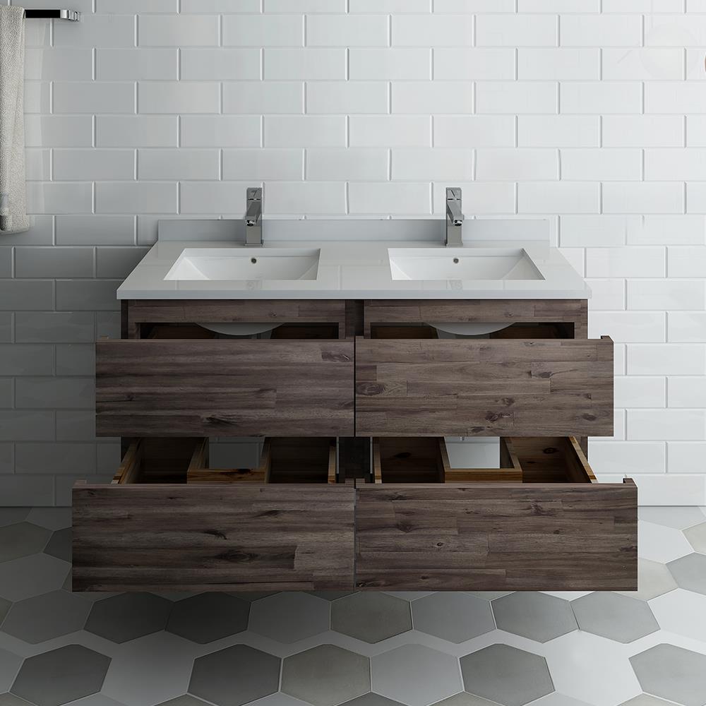 Transitional 48" Double Sink Wall-Mounted Vanity in Brown with Quartz Top