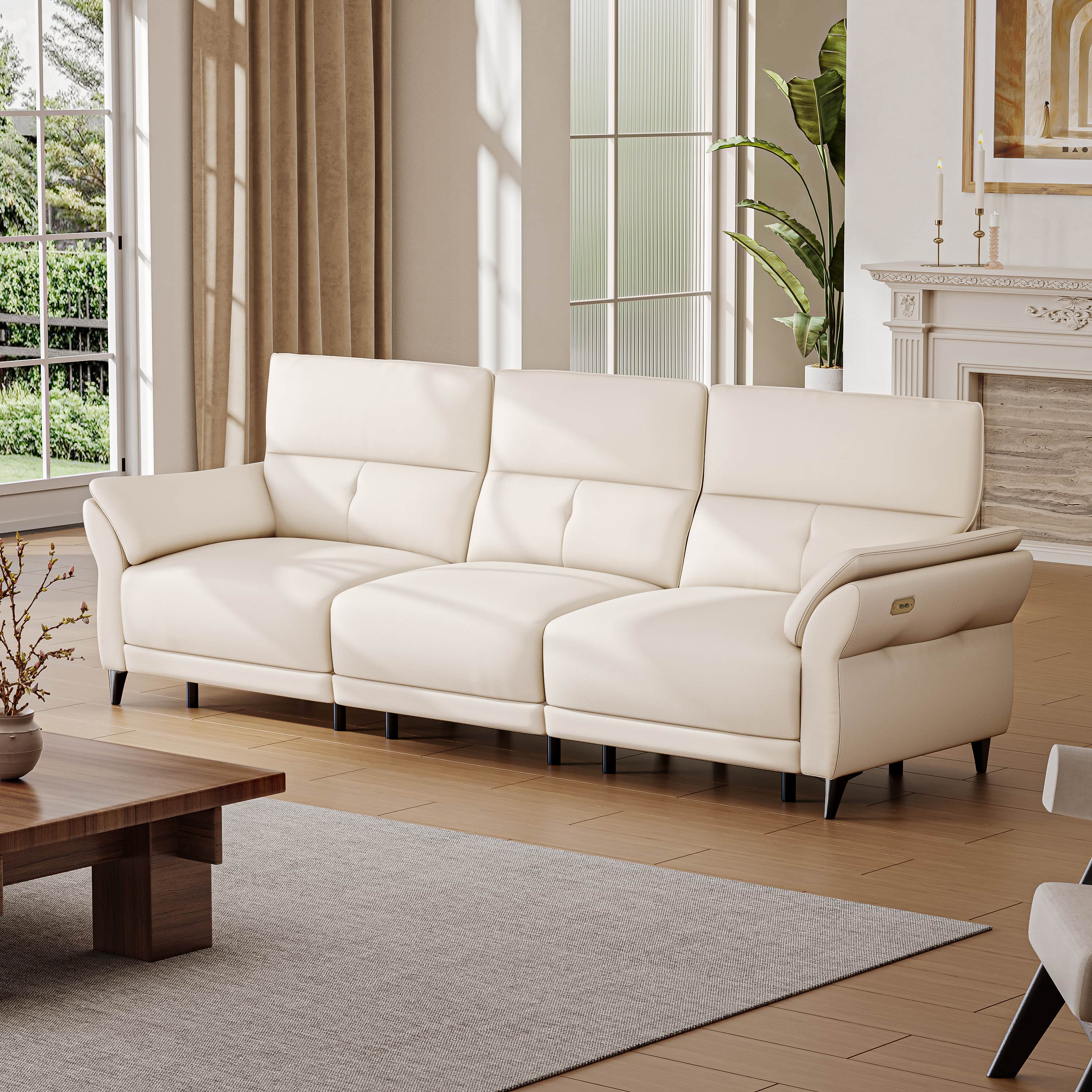 ATJafurn Full Grain Leather Power Reclining Sofa Couch with Dual Motor - White Modern 3 Seat Recliner Sectional Sofa with Console and USB Ports for Living Room