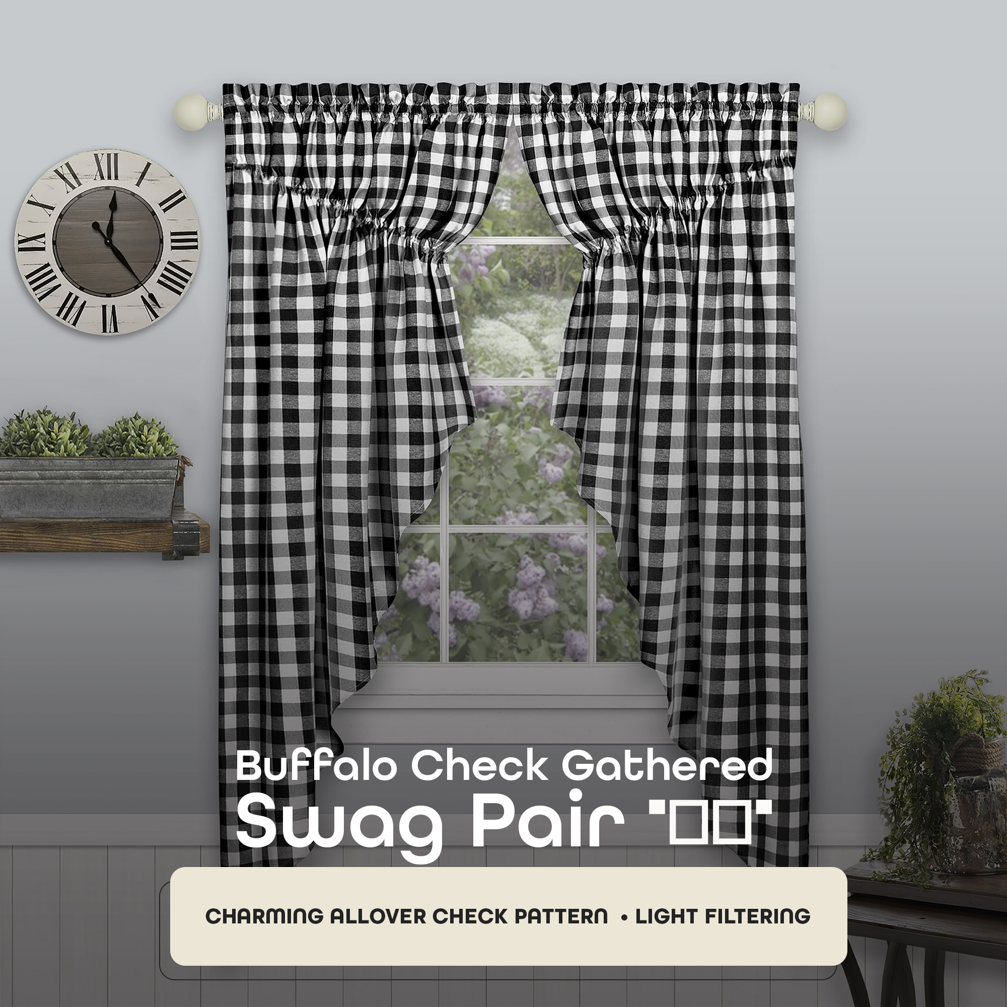 Buffalo Check Black and White Cotton Polyester Light Filtering Window Drapes