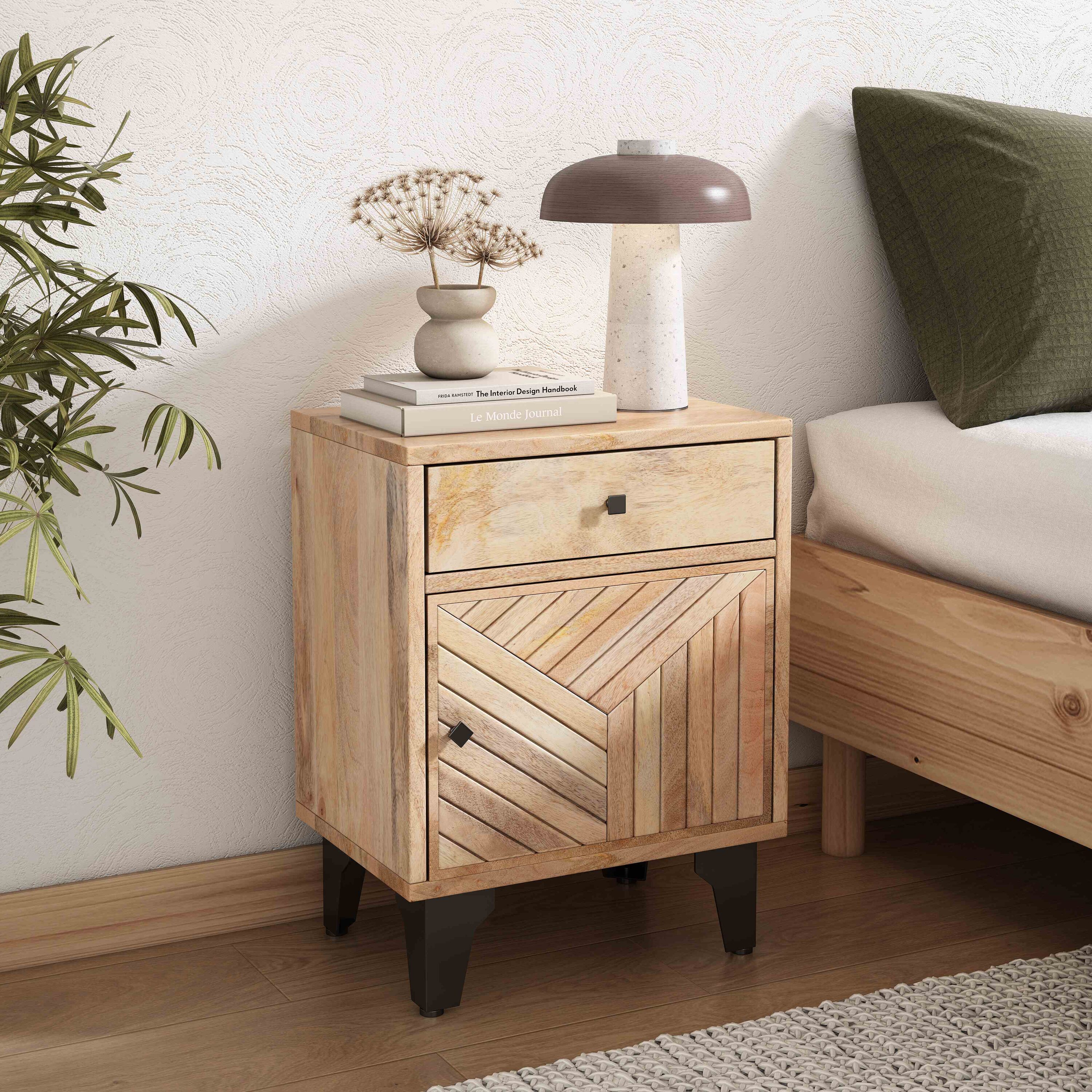 LOVMOR SF-WO-N758P194731X Vintage Natural Finish Solid Wood Nightstand with Handcrafted Detailing