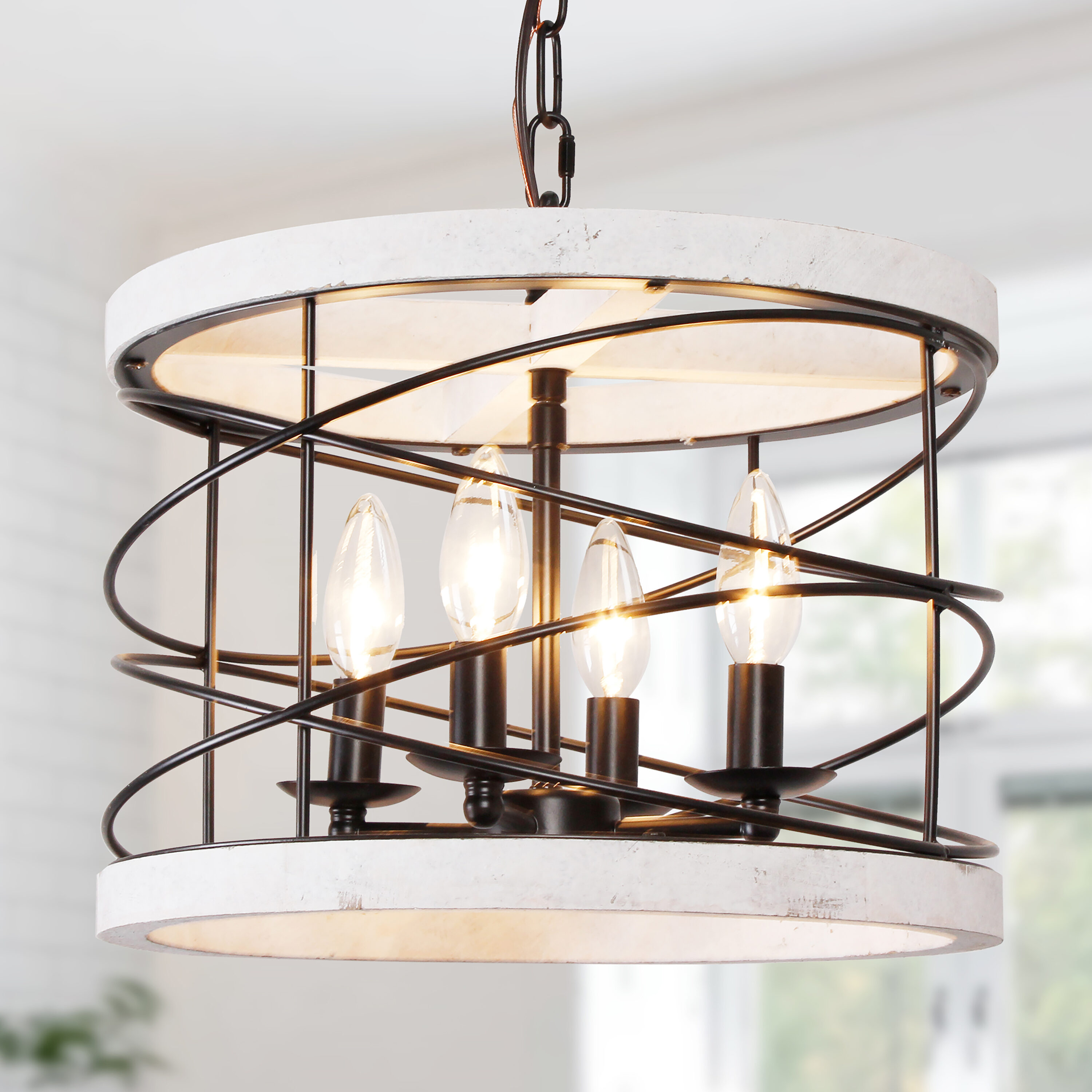 Cusp Barn FC4048-4W FC4048 4 -Light Brushed White French country/cottage Cage Wood For Use in Bedrooms, Dining Rooms, Foyers, Kitchens, Living Rooms Chandelier