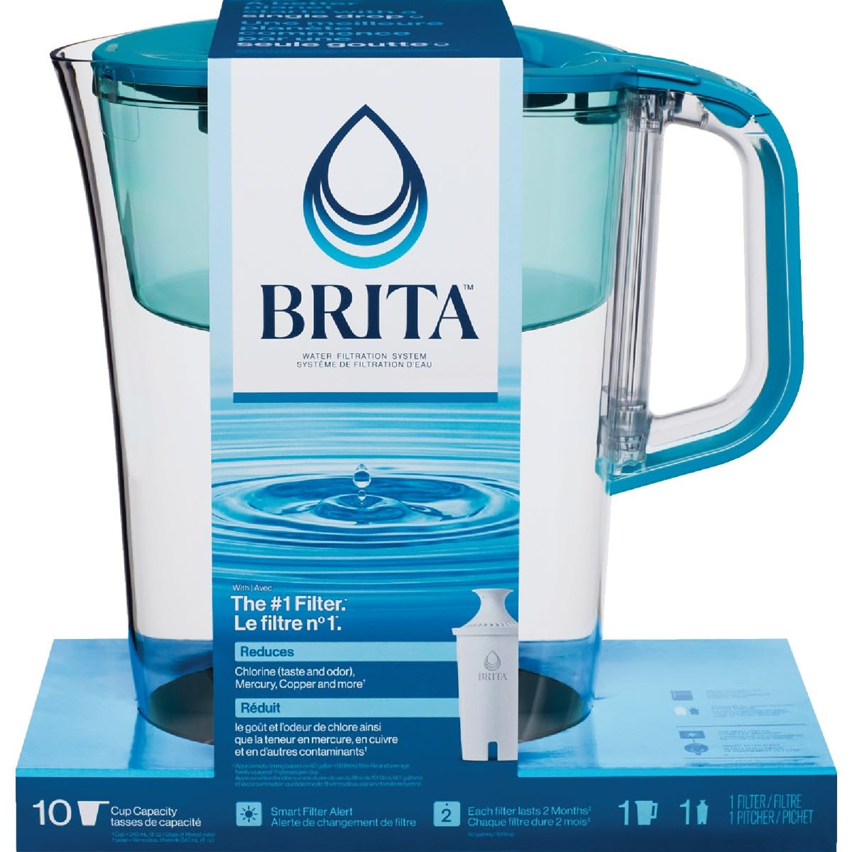 Brita 114736  Tahoe 10-Cup Water Filter Pitcher with Smart Light Transparent Teal Includes 1 Standard Filter