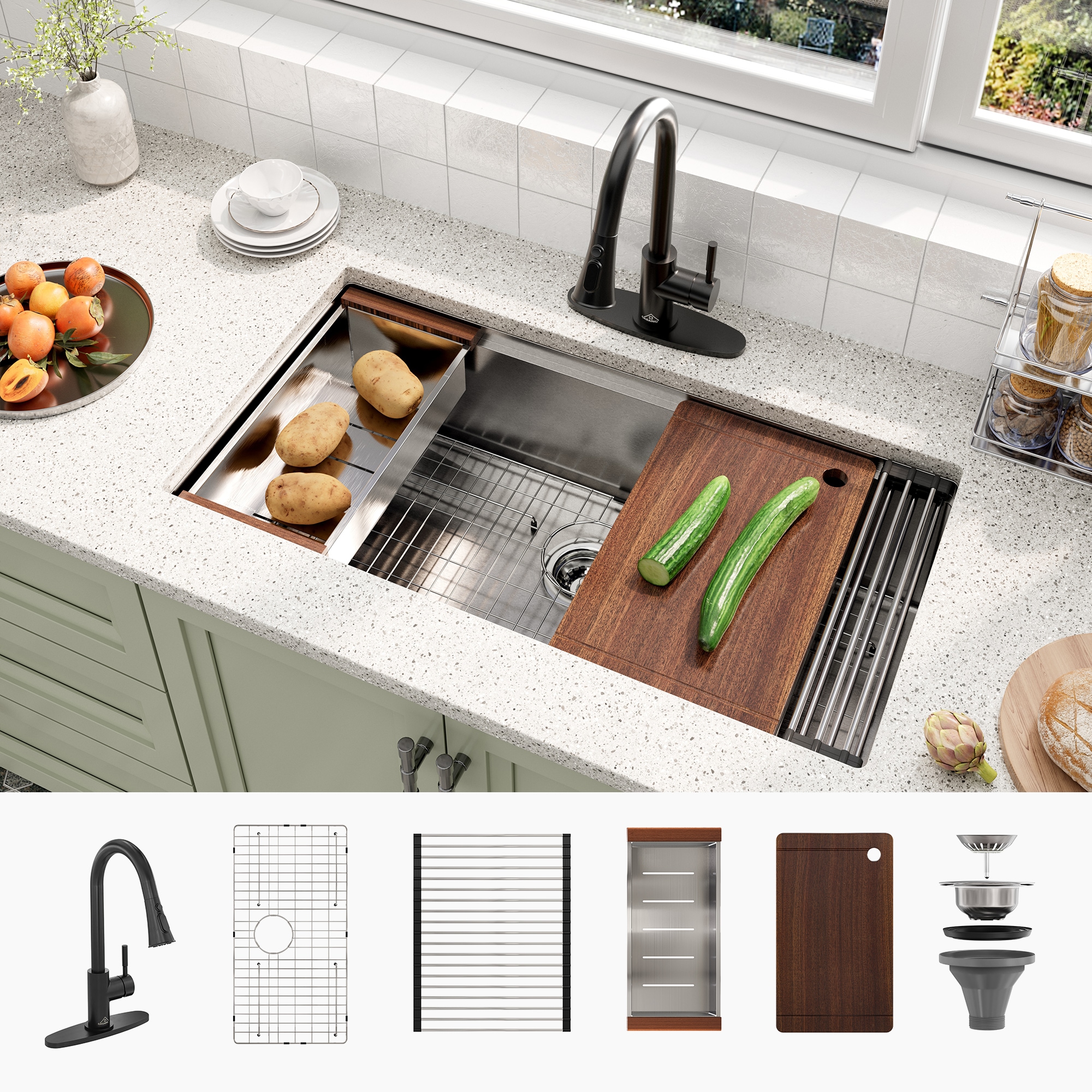 CASAINC CAKE07014U36M11 Undermount 36-in x 19-in Stainless steel Single bowl 18 -Gauge Workstation Kitchen Sink All-in-One Kit with Drainboard