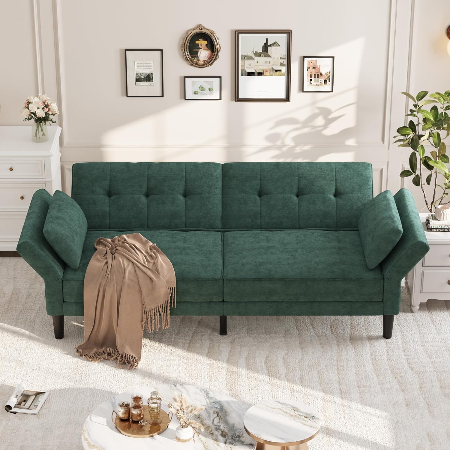 Qeetex YJCJ-PHK-34HNYJXN 89 inch Chenille Futon Sofa Bed Modern Convertible Sleeper Couch with Adjustable Backrest and Armrests 3 Seat Sofa with 2 Pillows for Apartment Green