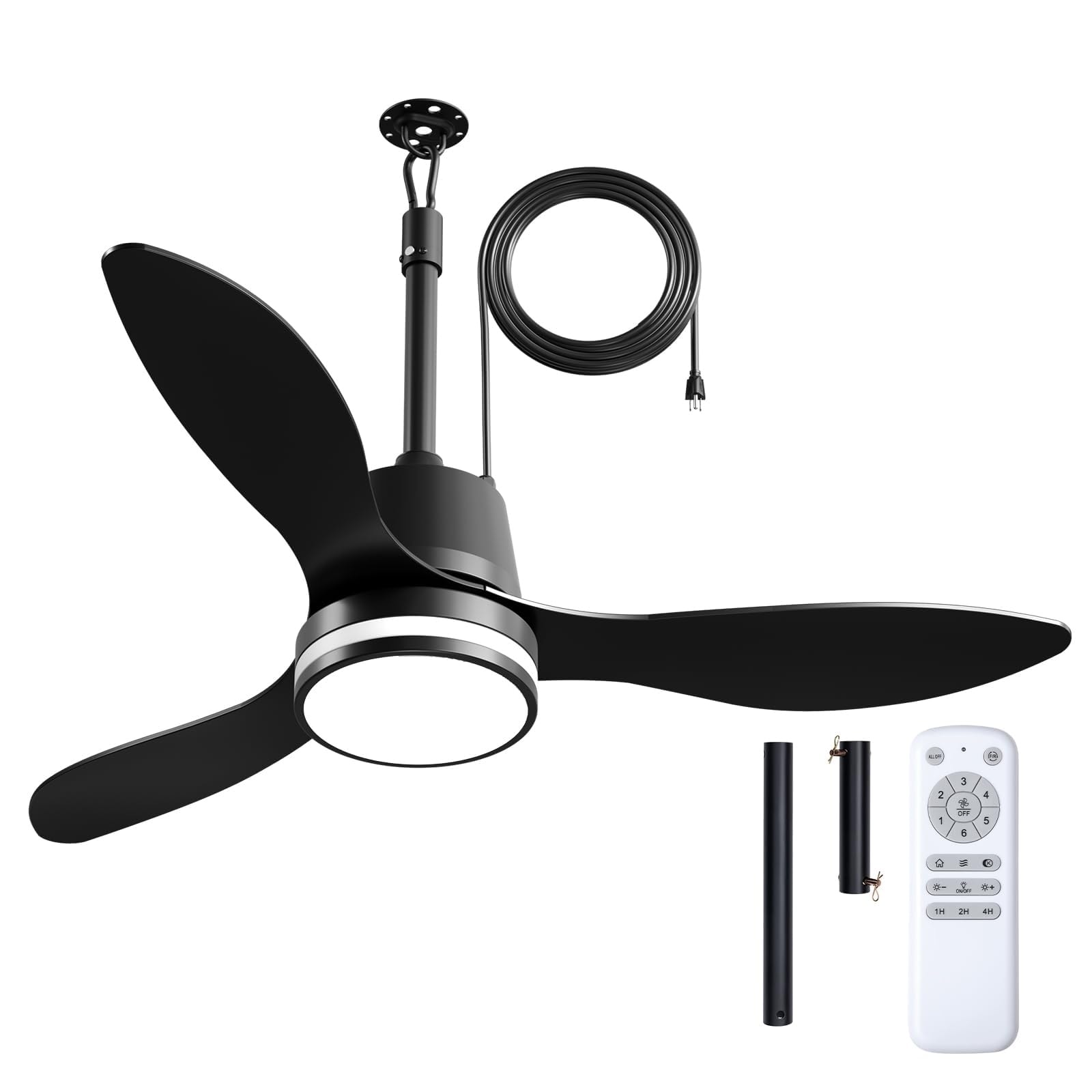 Etokfoks  42 in Black Outdoor Ceiling Fan with Black Blades Downrod Mount Modern Ceiling Fan with Light and Remote