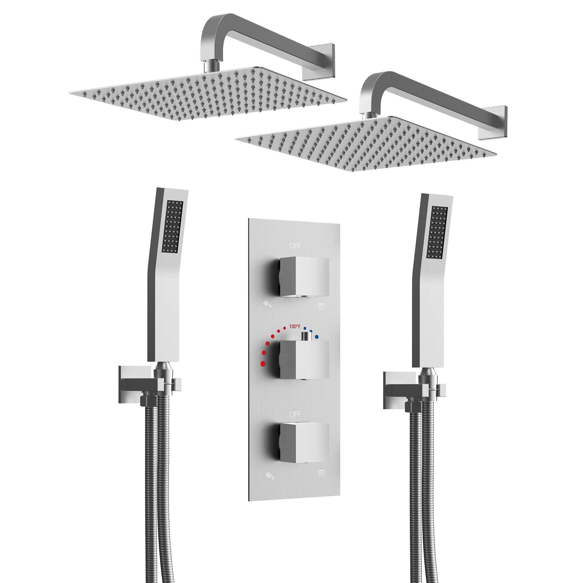 YAWWALK  Thermostatic Dual Wall Mount Shower Heads with Dual Handheld Showers Combo Valve Brushed Nickel