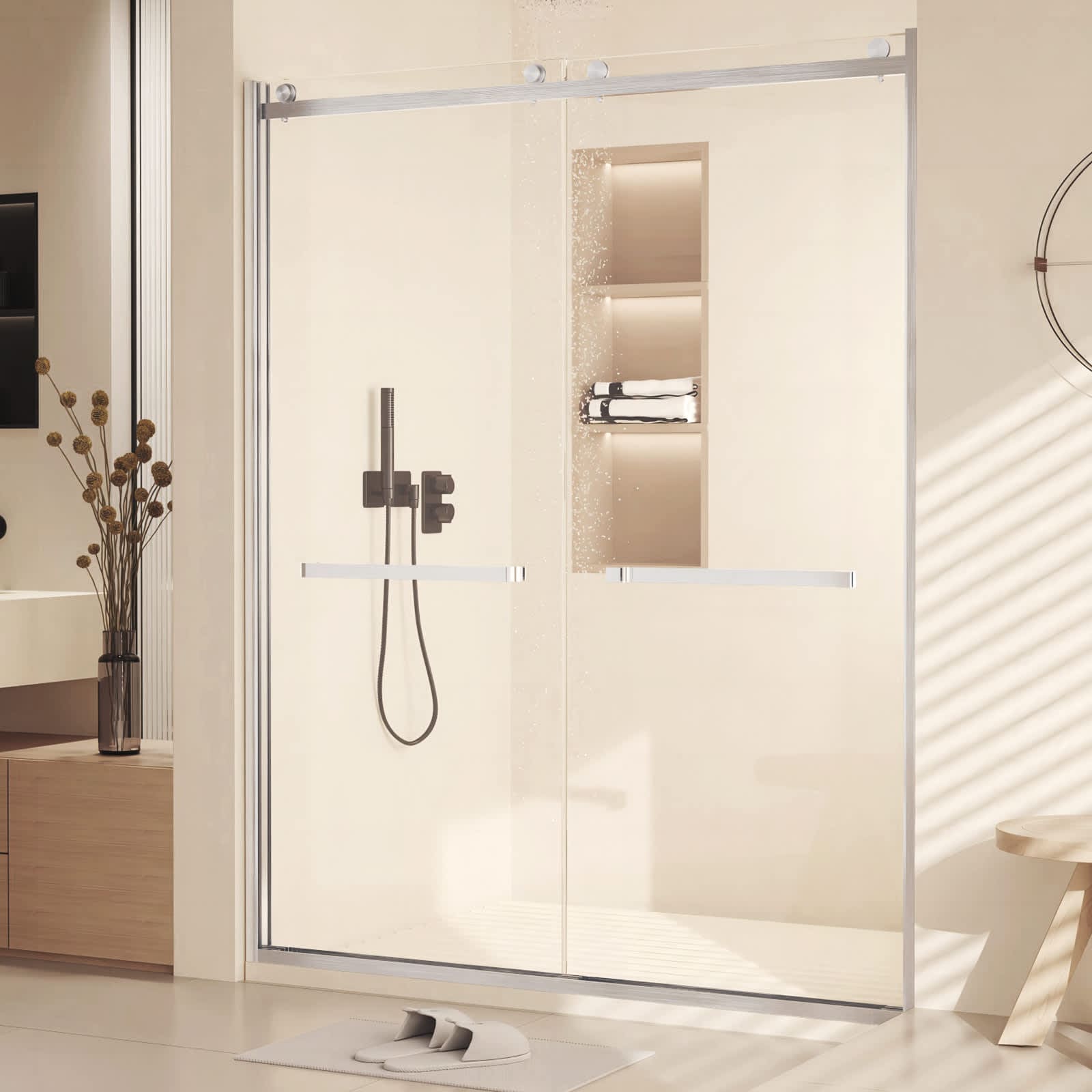 Qeetex NL-PHO-1536MLCZ Steel Tempered Glass Shower Door Double Sliding Door Single Wrap Set 60x72 Inch Square Tube Nickel Brushed