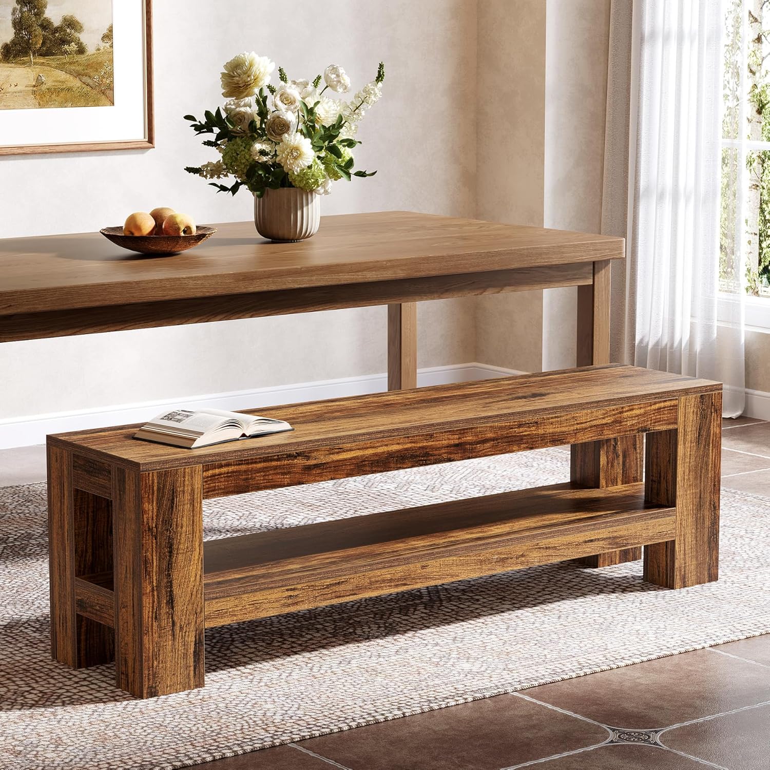 Tribesigns Rustic Brown 59 inch W Farmhouse Dining Bench with Storage Shelf for Dining Room Bedroom