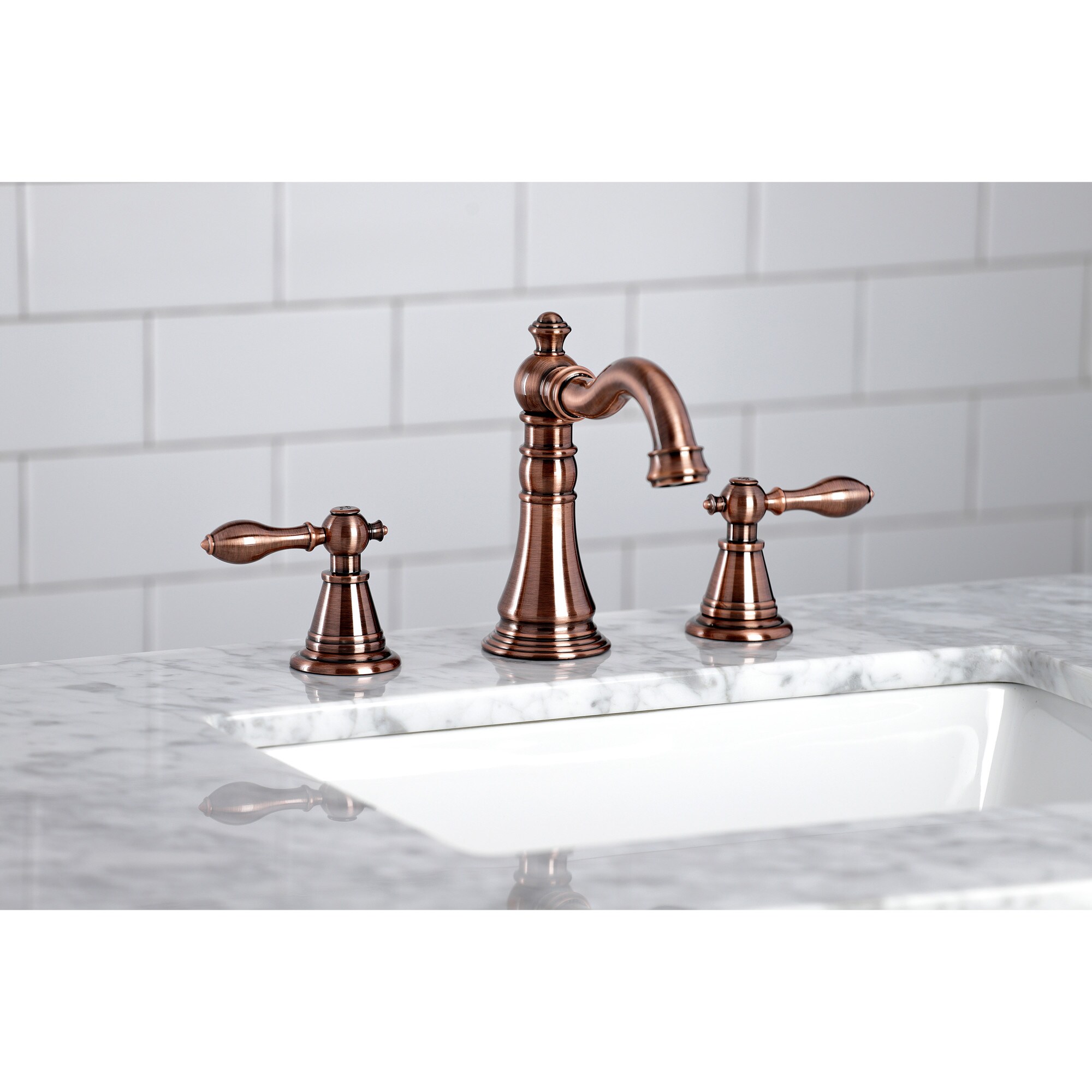 Kingston Brass WLFSC197ALAC English Classic Antique copper Widespread 2-handle Mid-arc Residential Handle Bathroom Sink Faucet with Drain