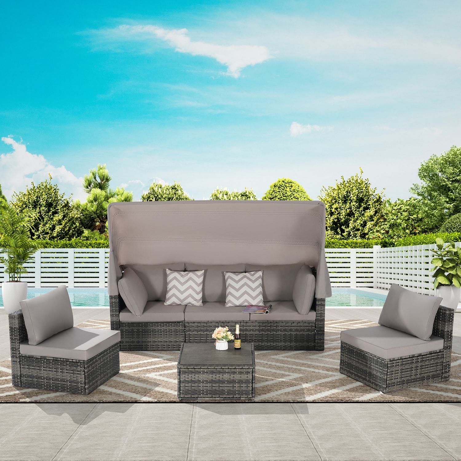 Mondawe MDSL0845 5 -Piece Rattan Patio Sofa Conversation Set with Gray Cushions
