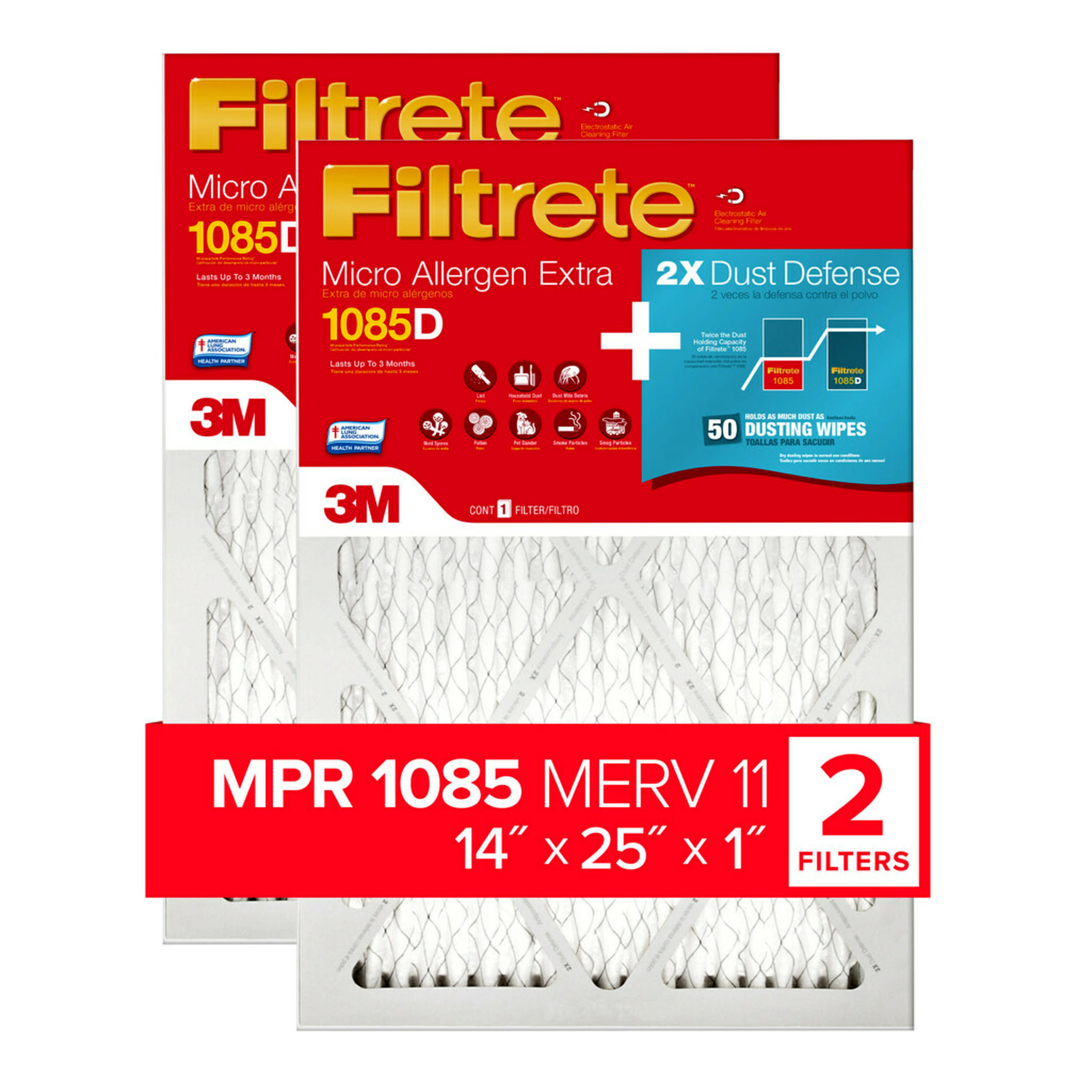 Filtrete MAPLUS04-2PK 14-in W x 25-in L x 1-in MERV 11 1085 MPR Micro Allergen Extra + Dust Defense Electrostatic Pleated Air Filter (2-Pack)
