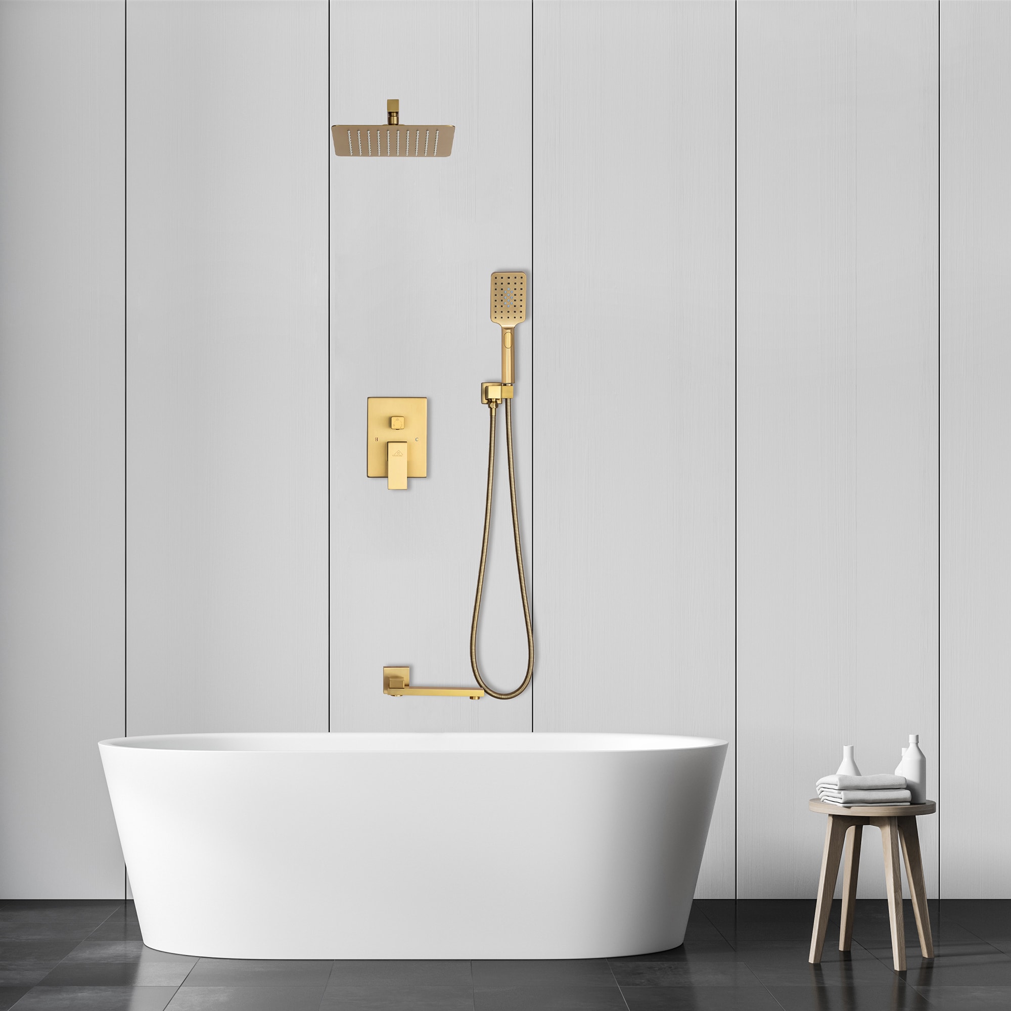 Clihome DG-SS806NS10 Brushed Gold 12-in Dual Head Built-In Shower Faucet System with 3-way Diverter ( Pressure-balanced Valve Included )