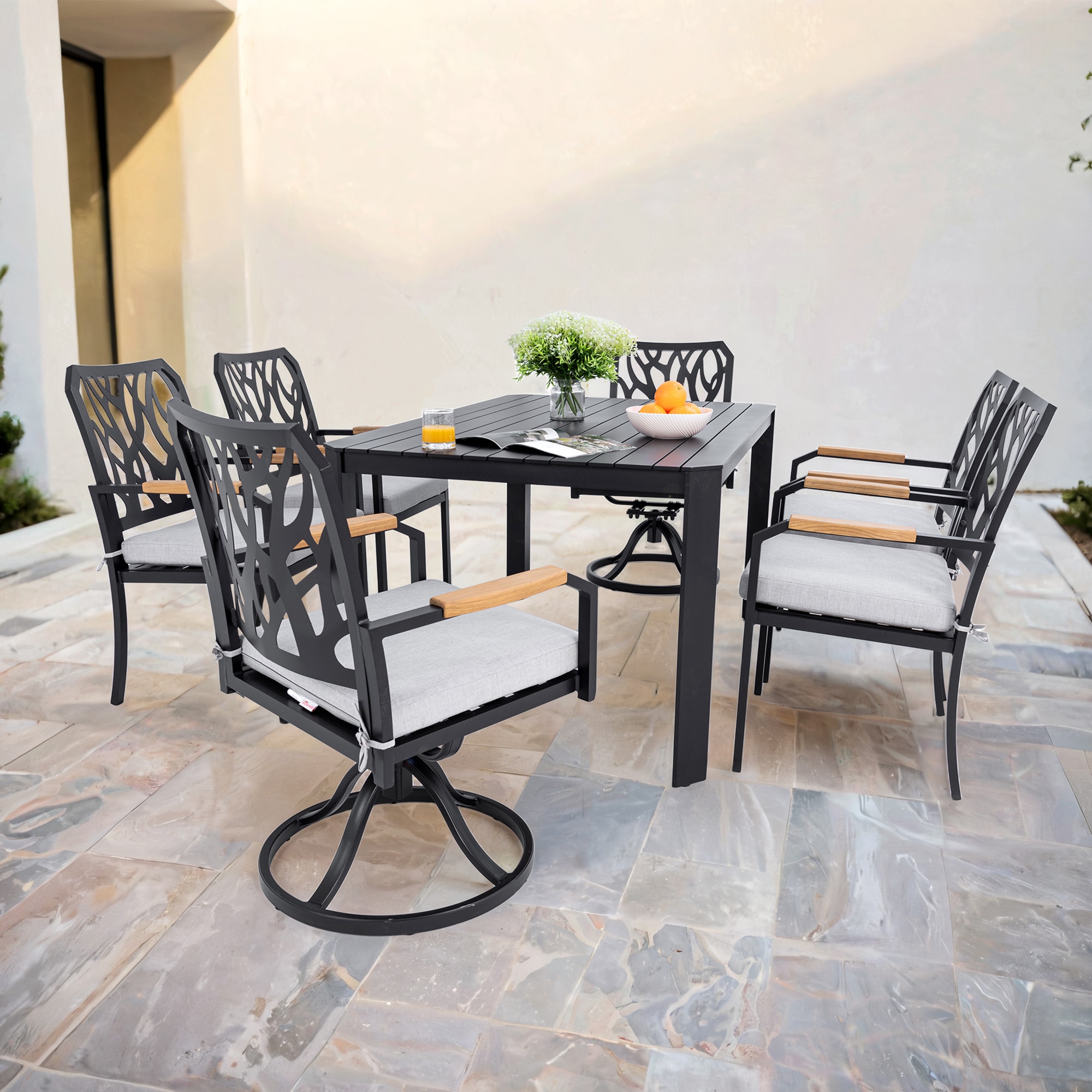 Lycvki 03DXZ-06 7 -Piece Brown Patio Dining Set Aluminum Rectangle Table with 6 Brown Cushions Stationary Chairs and Umbrella Included