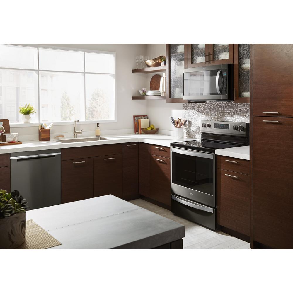 Whirlpool Low Profile 1.1-cu ft 1000-Watt Over-the-Range Microwave with  Sensor Cooking (Fingerprint Resistant Black Stainless) in the  Over-the-Range Microwaves department at
