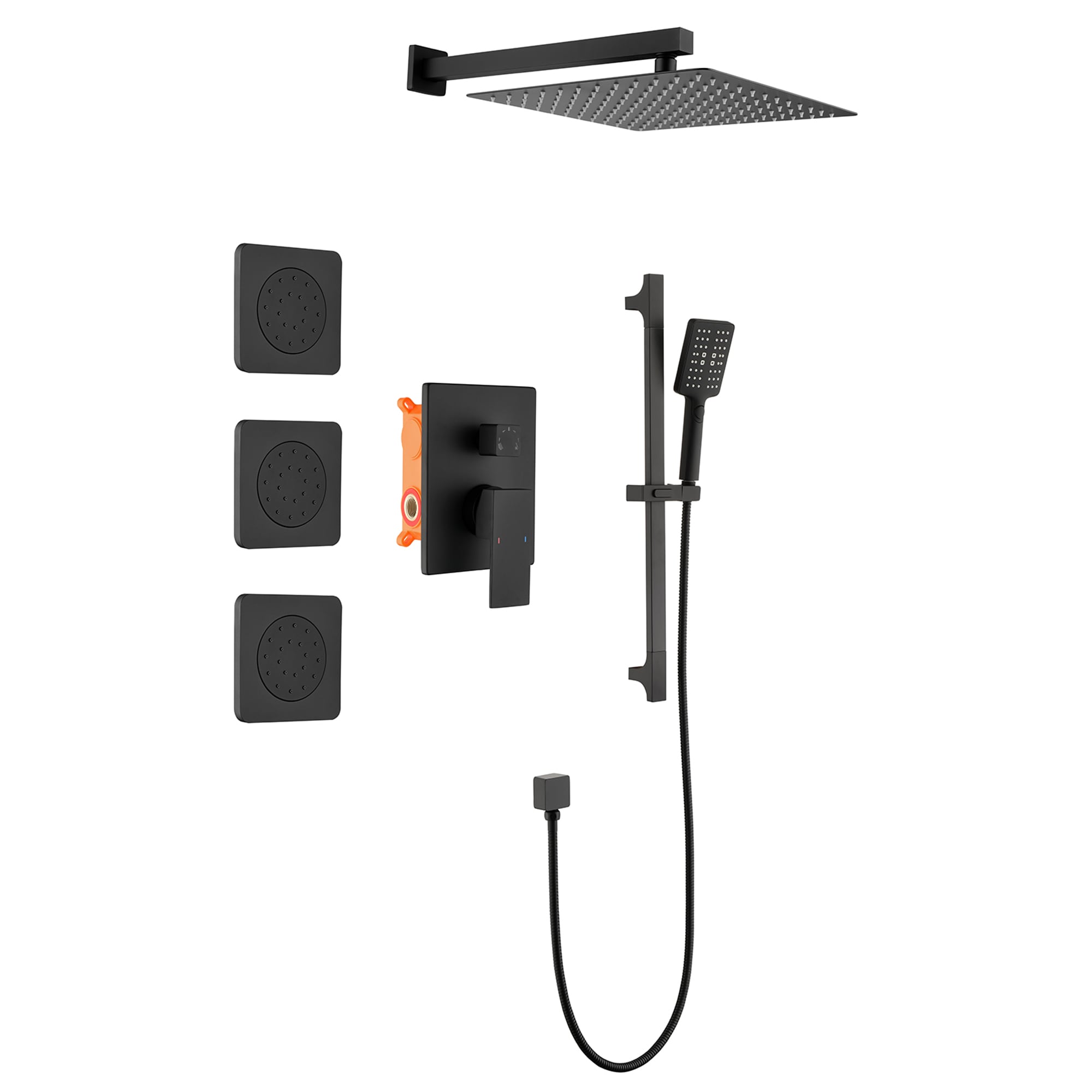 WELLFOR WN0858 Matte Black 12-in Waterfall Dual Head Shower Faucet Bar System with 2-way Diverter ( Pressure-balanced Valve Included )