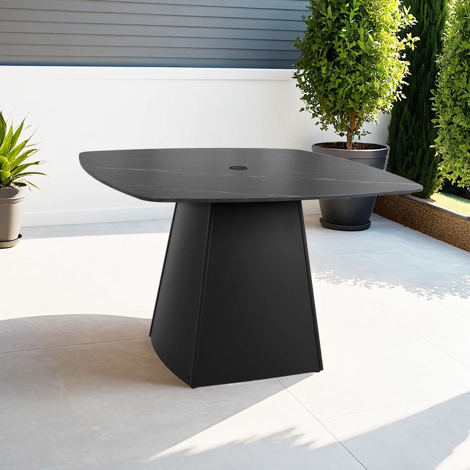 Aoibox  Modern 44 Inch Rounded Square Outdoor Dining Table Black Sintered Stone Top Aluminum Flared Pedestal Weather Resistant Seats 4