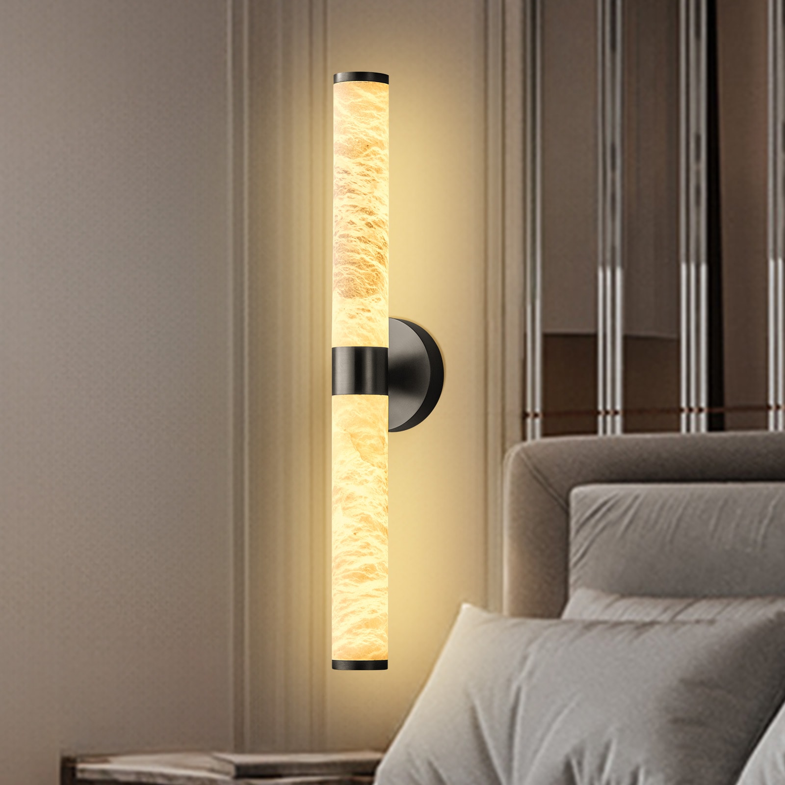Gleam Flare - 24in Alabaster Wall Sconce Black Wall Sconce Cylinder Natural Spanish Marble Sconce...