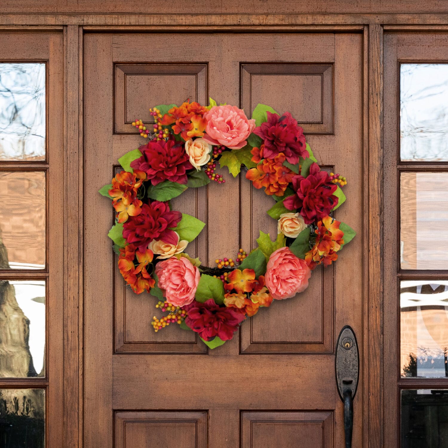 24" Autumnal Artificial Floral Wreath with Dahlias and Peonies