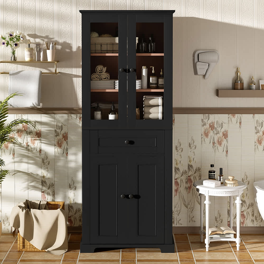 JUJABU Black 67.2 in Modern Freestanding Linen Cabinet with Tempered Glass Doors Adjustable Shelves #122BATHROOM-5611