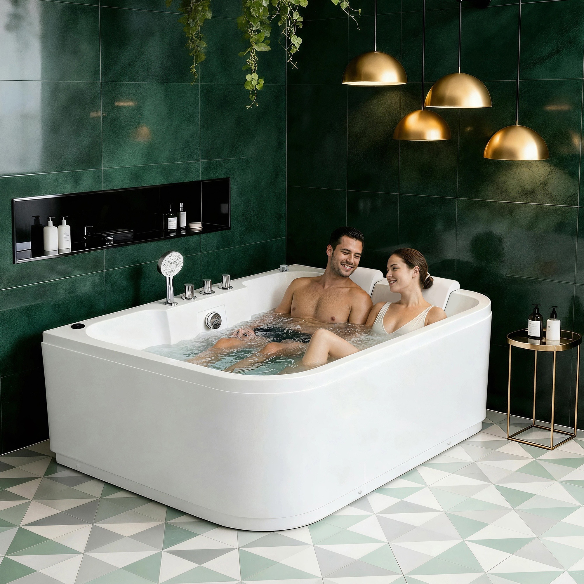 IAK 61 inch Milk White Acrylic Whirlpool Massage Bathtub for 2 Person with 16 Water Jets and LED Lights