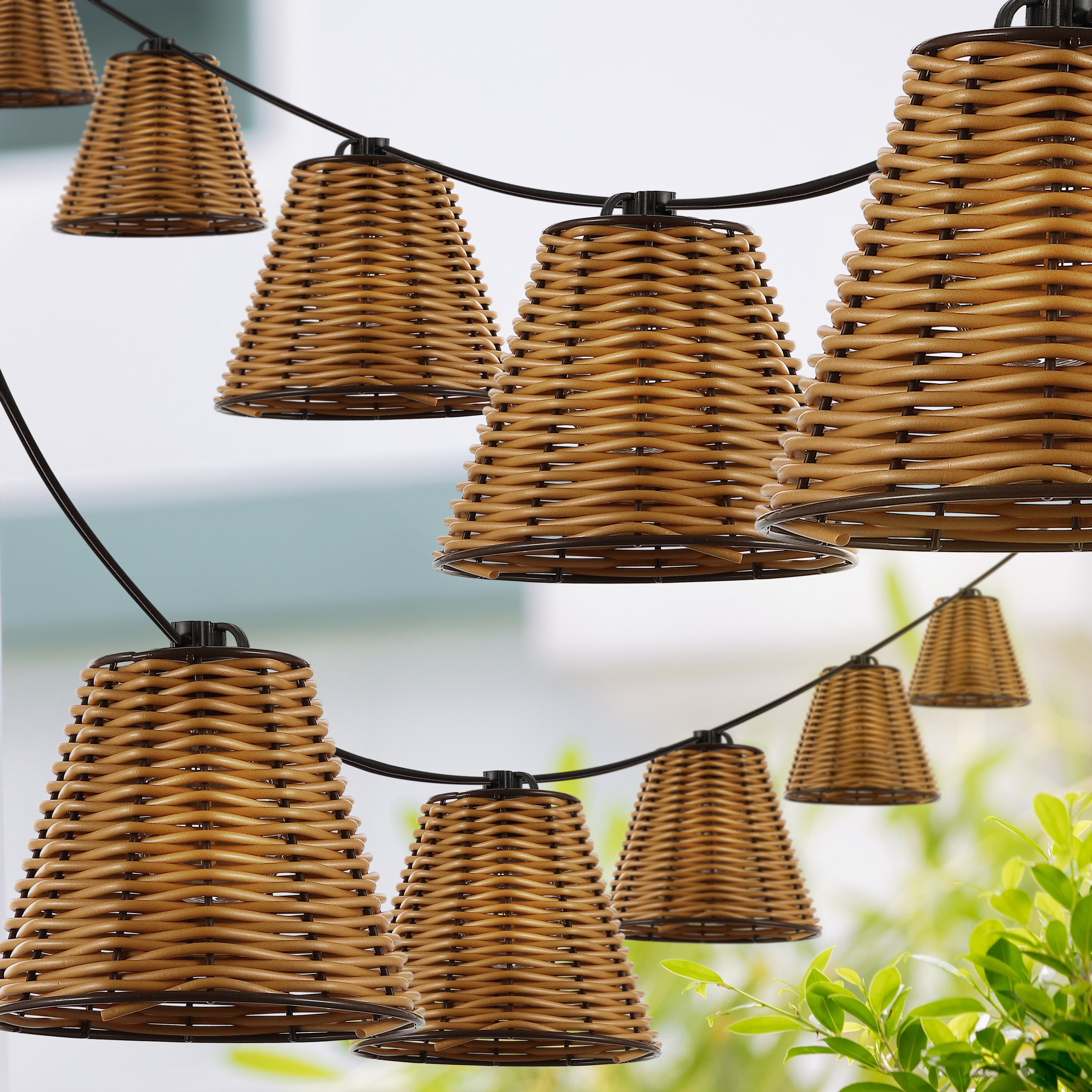 Brown Faux-Rattan Cone Shade Outdoor LED String Lights