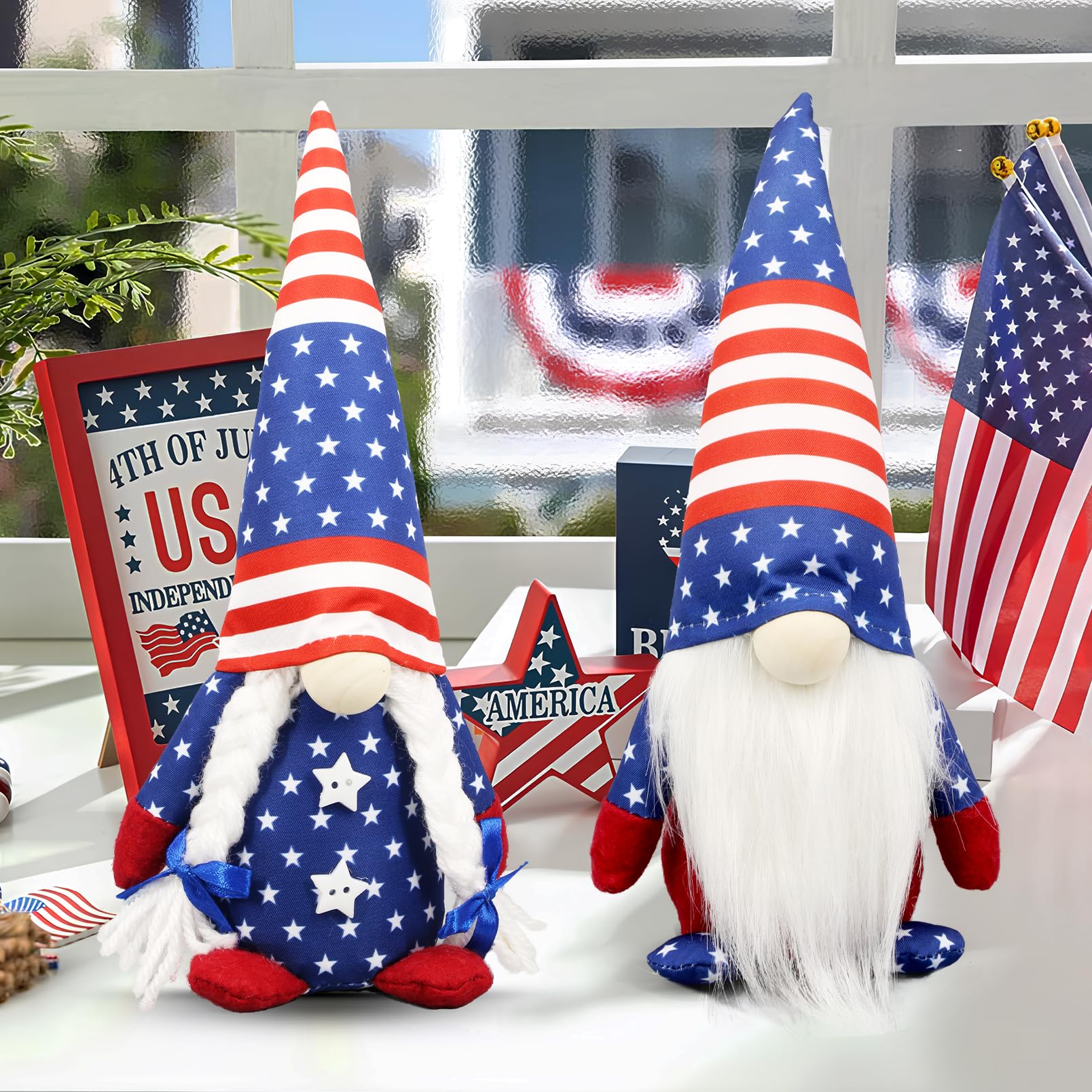 Afoxsos  2 Piece Patriotic Gnome Set 9.8 x 3.9 Inch Red White Blue Plush Figurines for 4th of July Memorial Day Veterans Day Home Decor