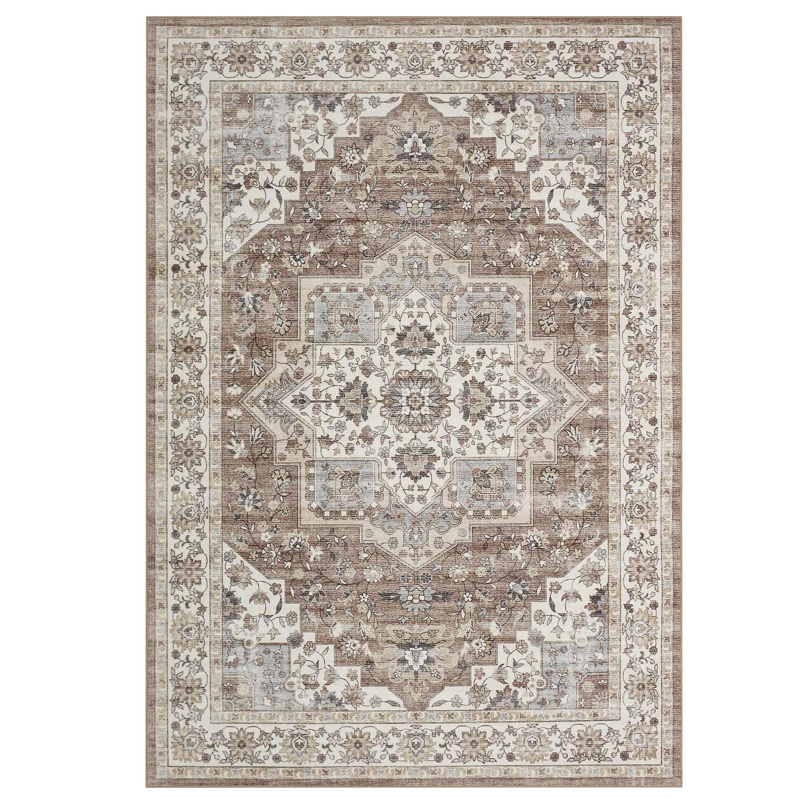 Qeetex LSN-PHO-34Q7JAEL 8 x 10 ft Polyester Cashmere Imitation Camel Rectangular Hallway Bathroom Entryway Kitchen Office Foldable Flower Printed Persian Washable Area Rug