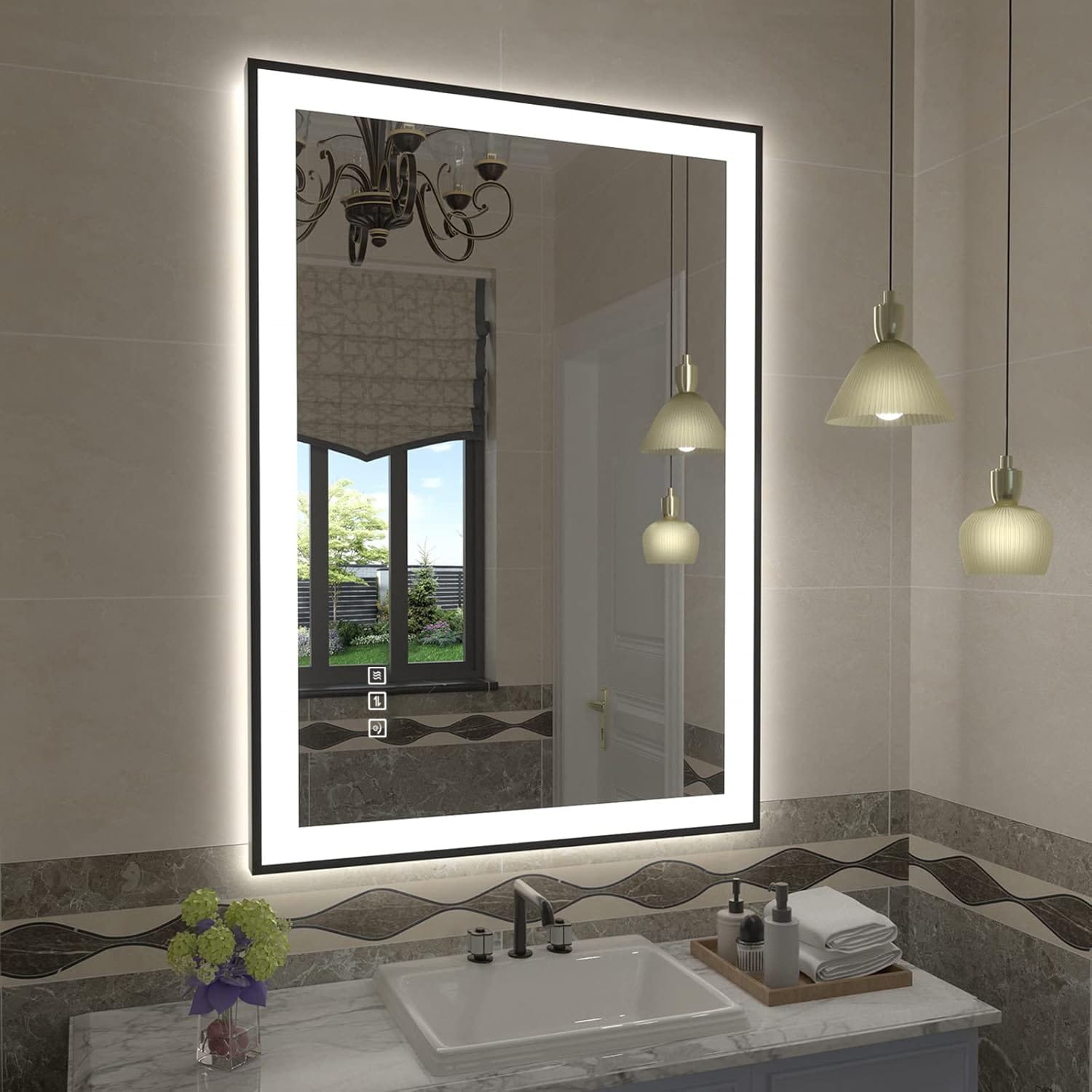 waterpar WPLO-2309 BacklitFrontlit Aluminum 28-Inches x 36-Inches Framed Rectangle Dimmable LED Lighted Fog Free Bathroom Vanity Mirror ( Matte Black )