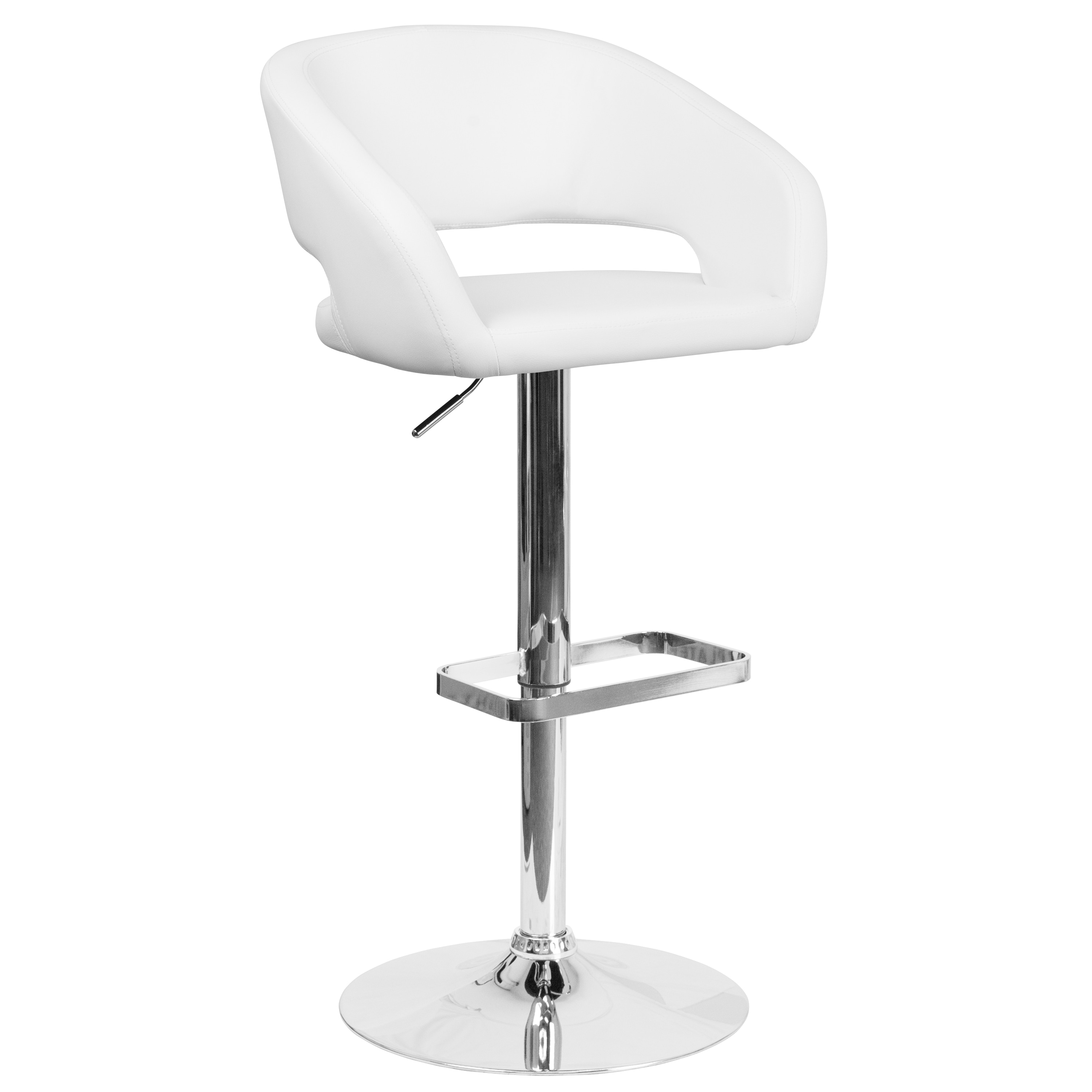 Flash Furniture 889142048114 White Vinyl 23.25-in H Adjustable Height Short Square seat Upholstered Swivel Metal Bar Stool with Arms and Back