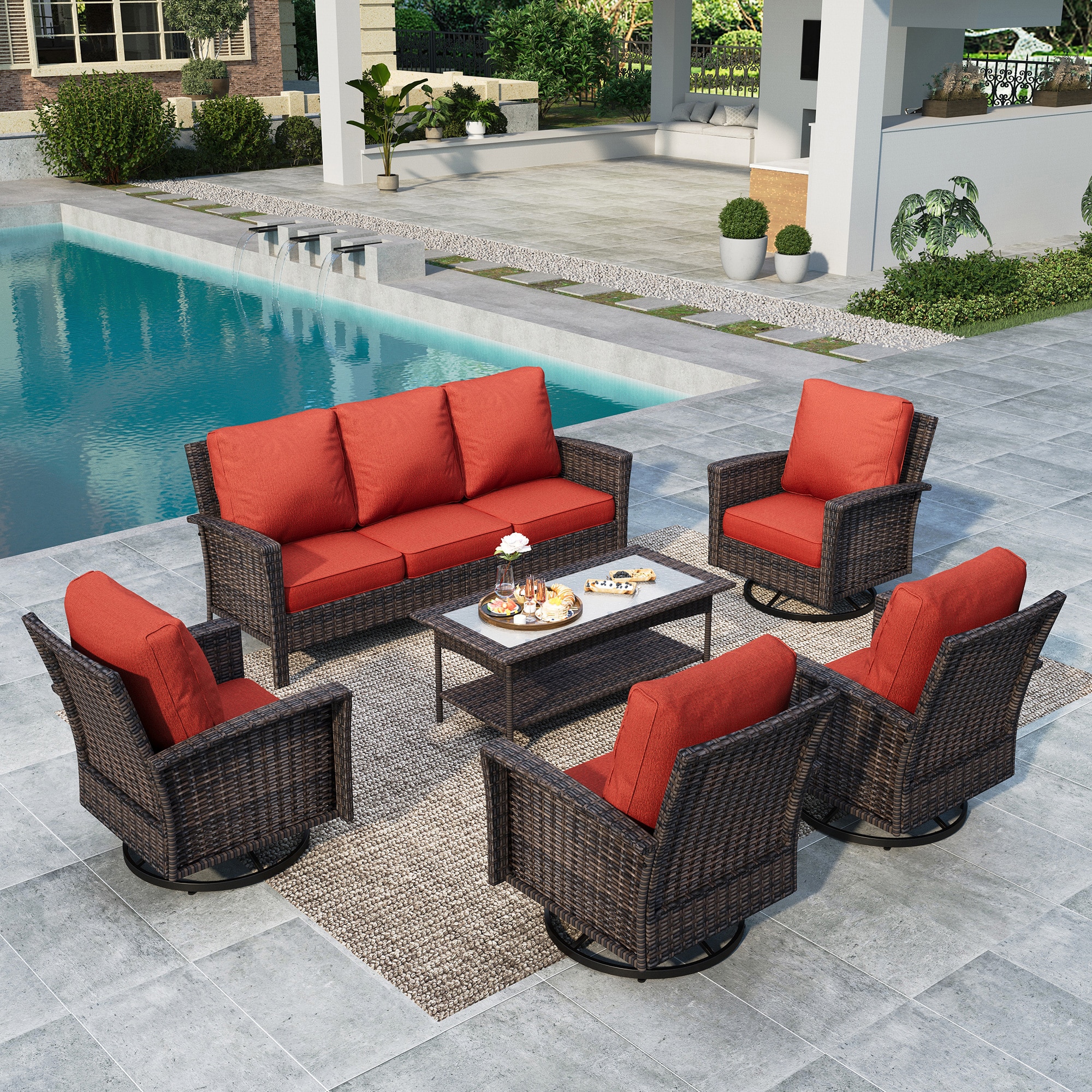 Sunshine Valley CR005-04-7-RD 6-Piece Wicker Patio Sofa Conversation Set with Red Cushion Pro Cushions