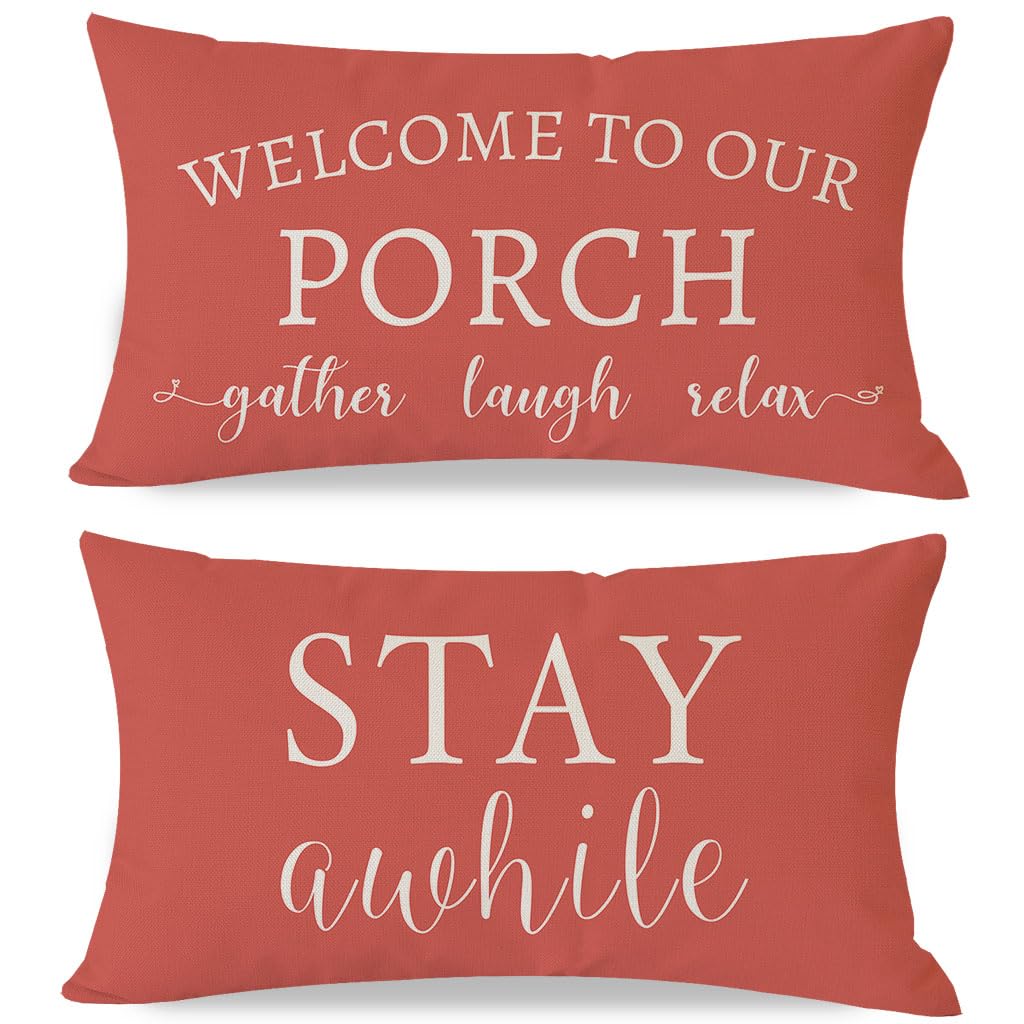 ITOPFOX -  Welcome to Our Porch Stay Awhile Outdoor Lumbar Decorative Throw Pillow Covers Set of ...