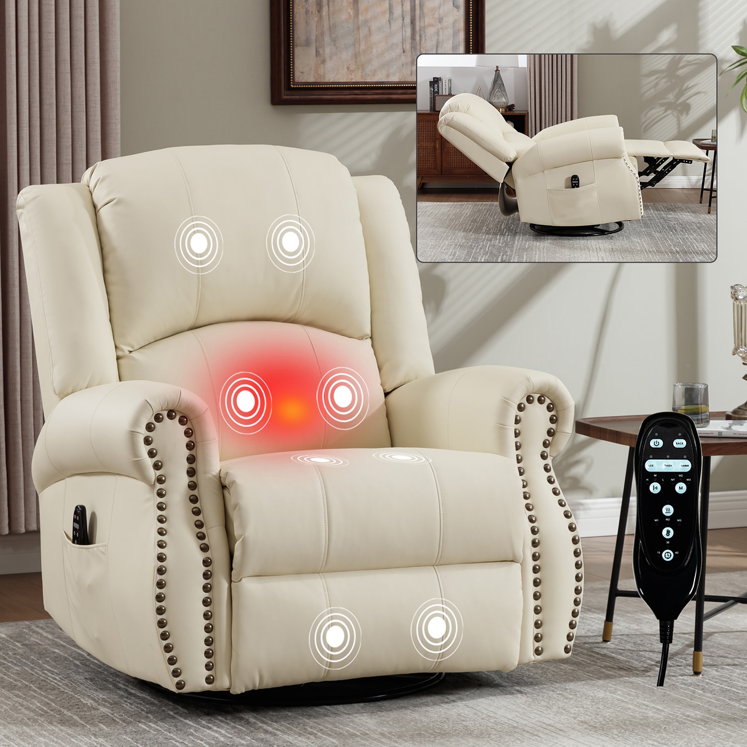 GZMR - Massage Heating Rocker Swivel Recliner Chair Beige Faux leather Upholstered Swivel rocker ...